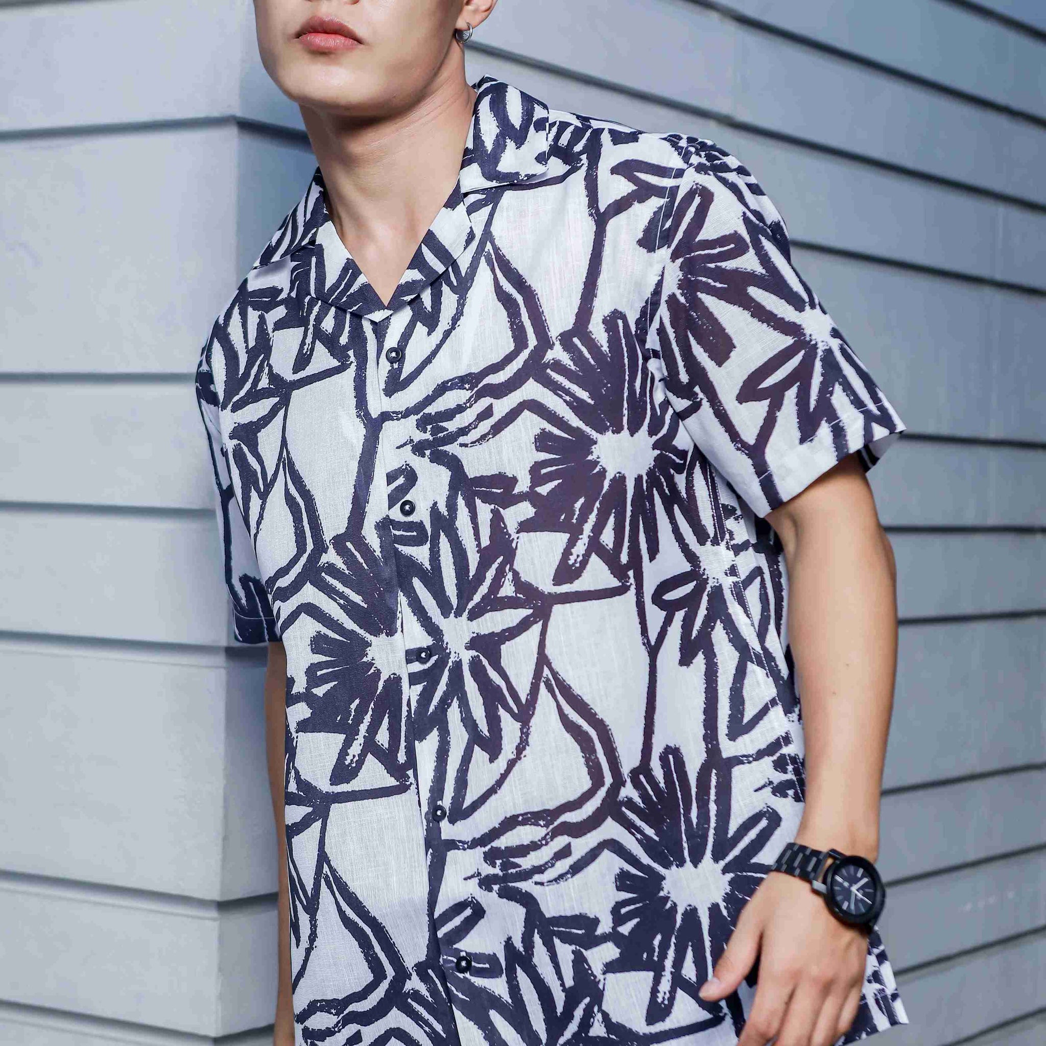 Abstract Floral Print Linen Blend Cuban Collar Oversized Resort Shirt