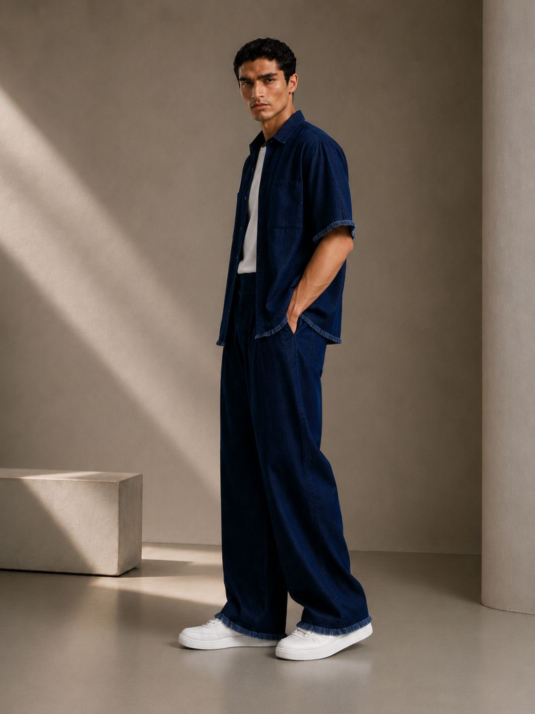 Co-Ord Set Navy Blue Premium Denim Gurkha Pant & Half Sleeve Shirt Relaxed Fit