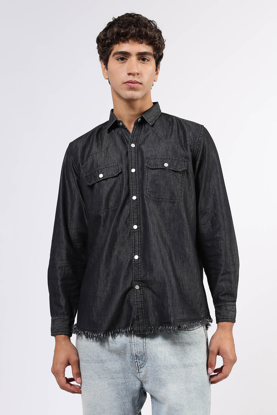 Black Raw Edge Oversized Relaxed Fit Full Sleeve Spread Collar Premium Denim Shirt