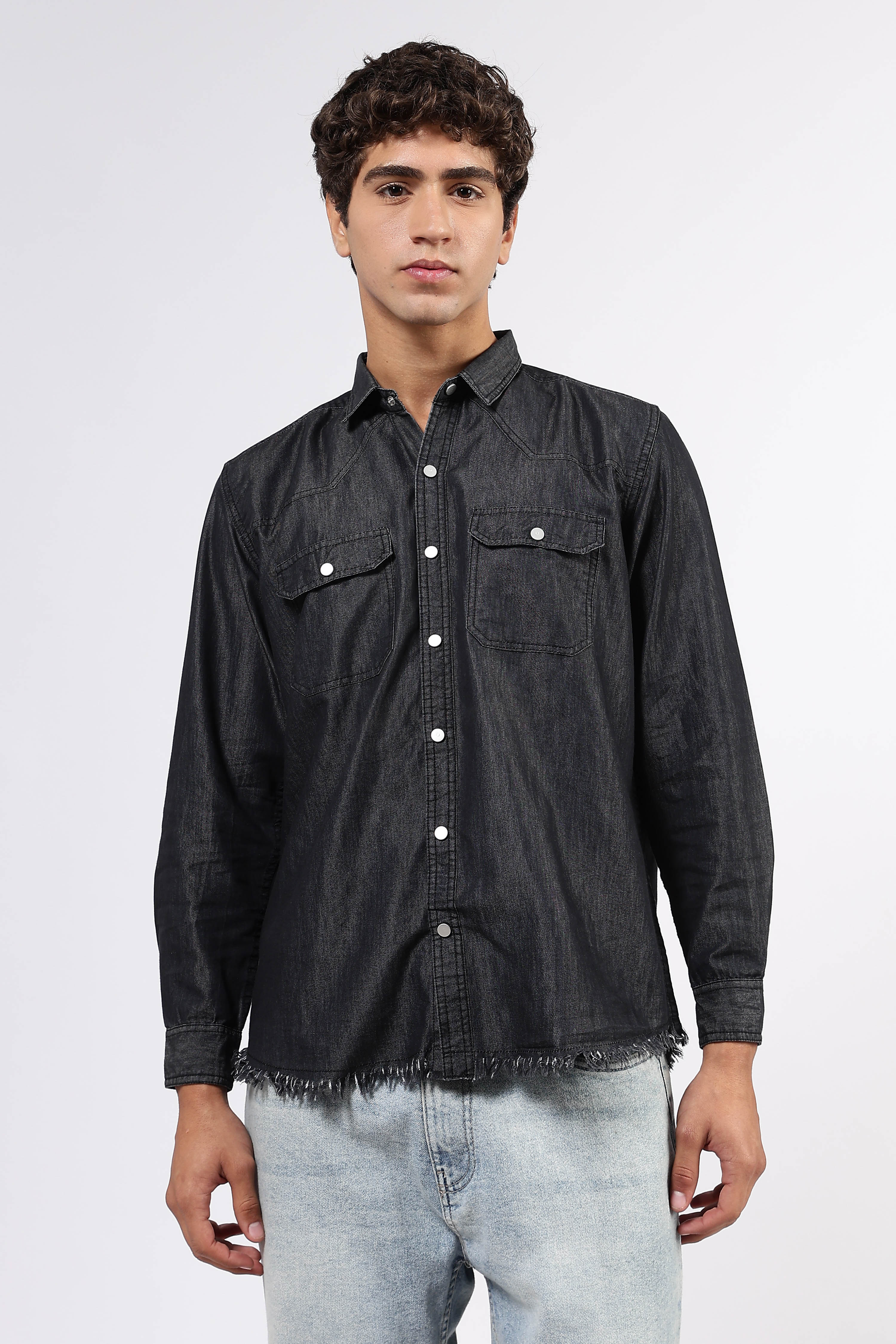 Black Raw Edge Oversized Relaxed Fit Full Sleeve Spread Collar Premium Denim Shirt