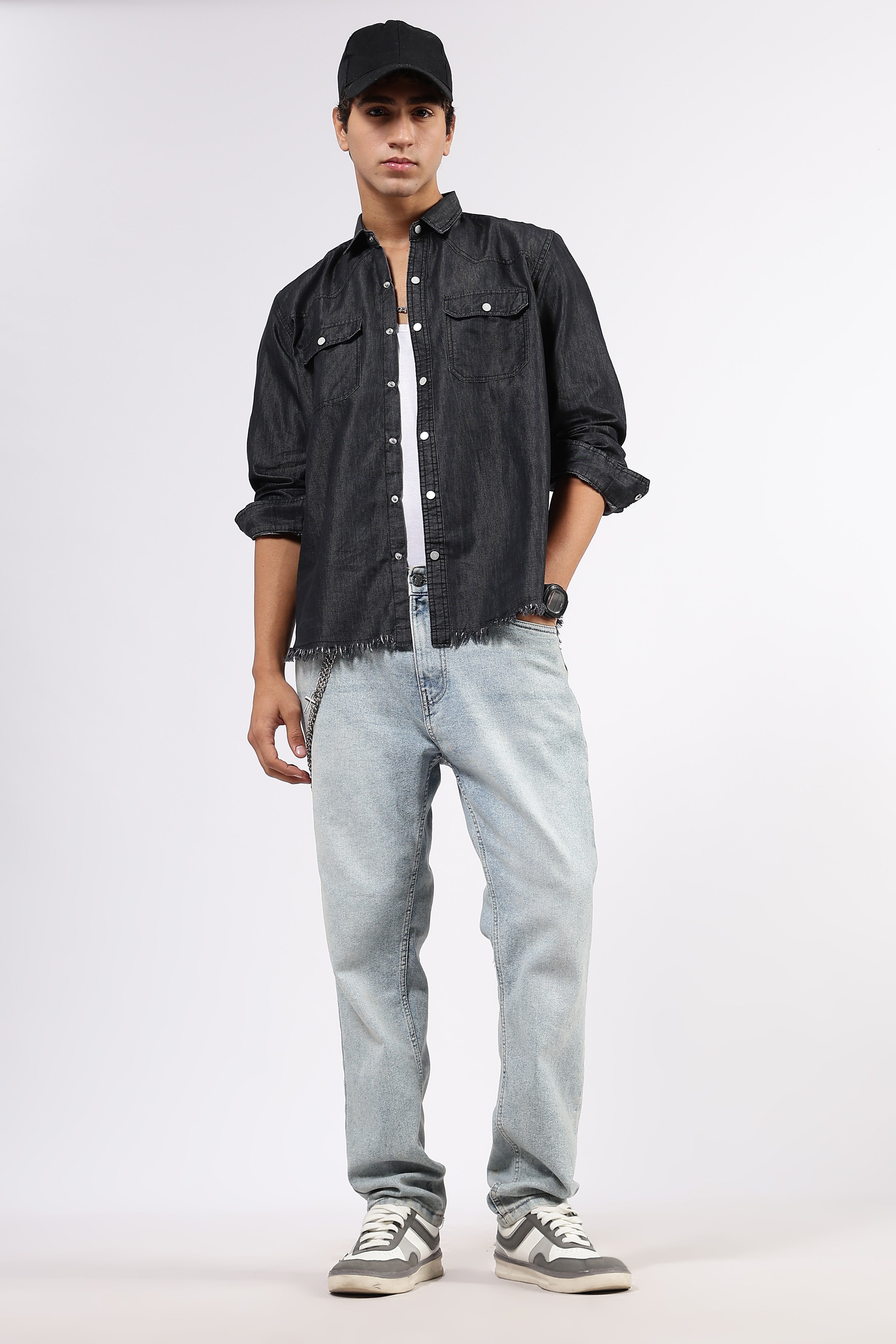 Black Raw Edge Oversized Relaxed Fit Full Sleeve Spread Collar Premium Denim Shirt