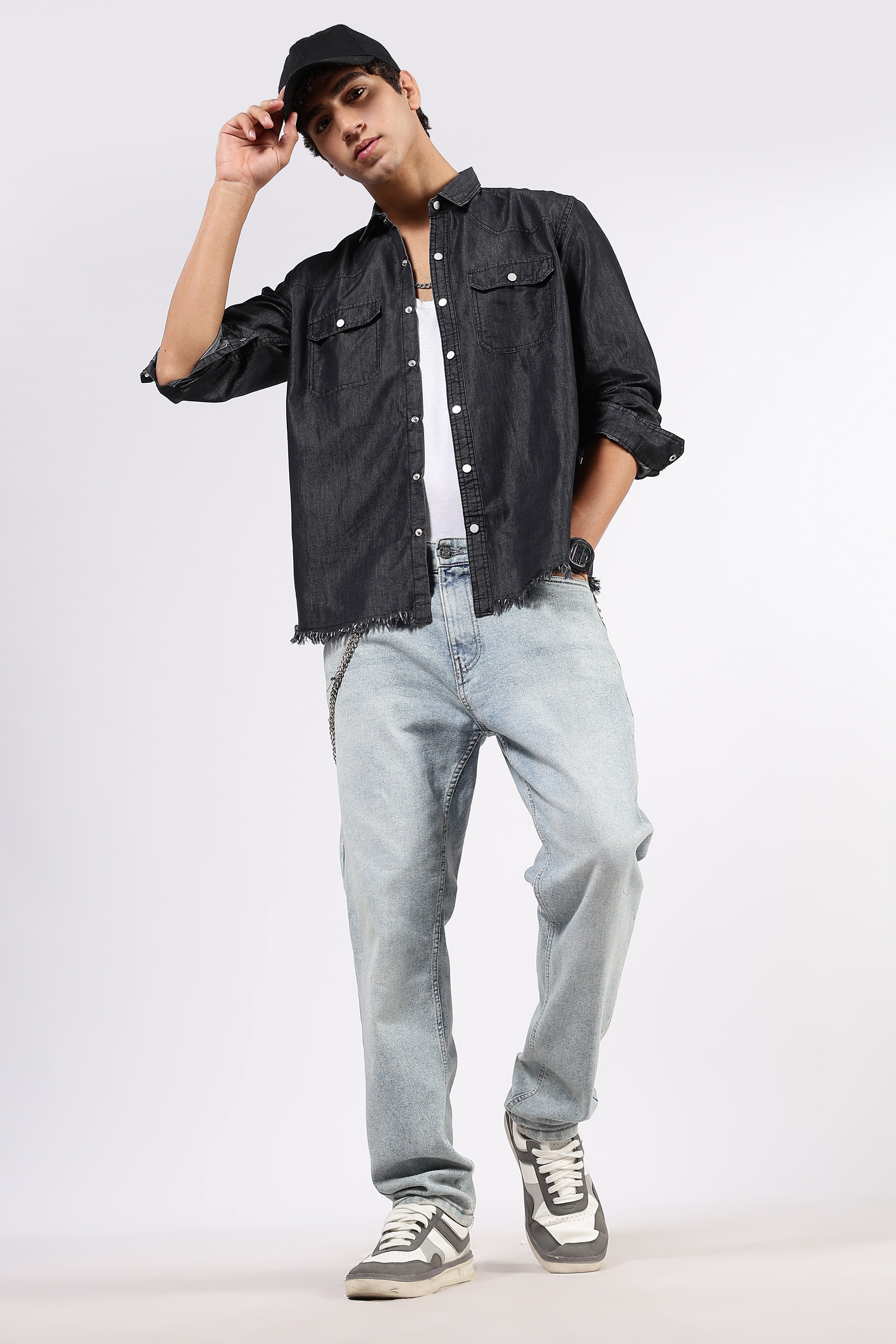 Black Raw Edge Oversized Relaxed Fit Full Sleeve Spread Collar Premium Denim Shirt