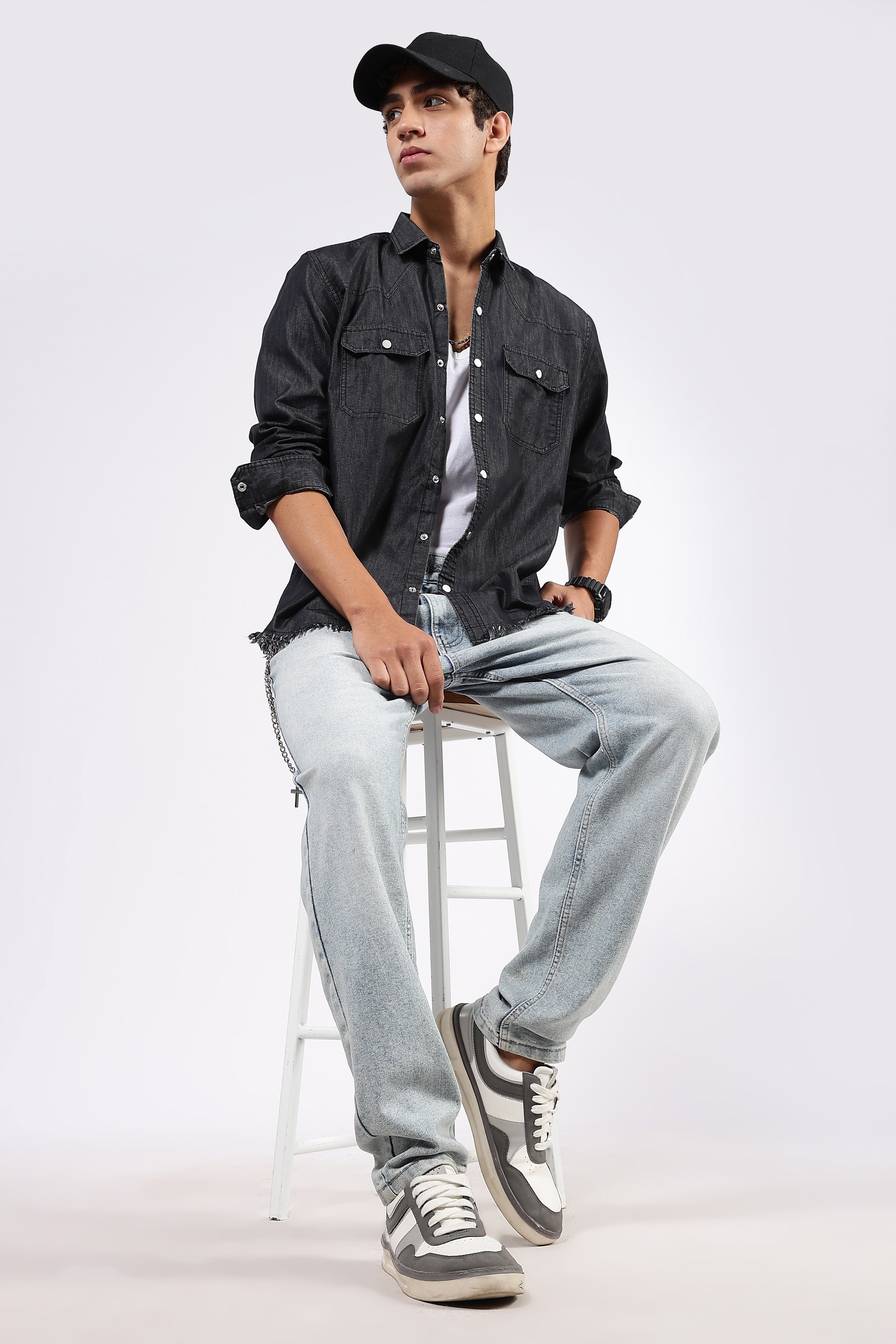 Black Raw Edge Oversized Relaxed Fit Full Sleeve Spread Collar Premium Denim Shirt