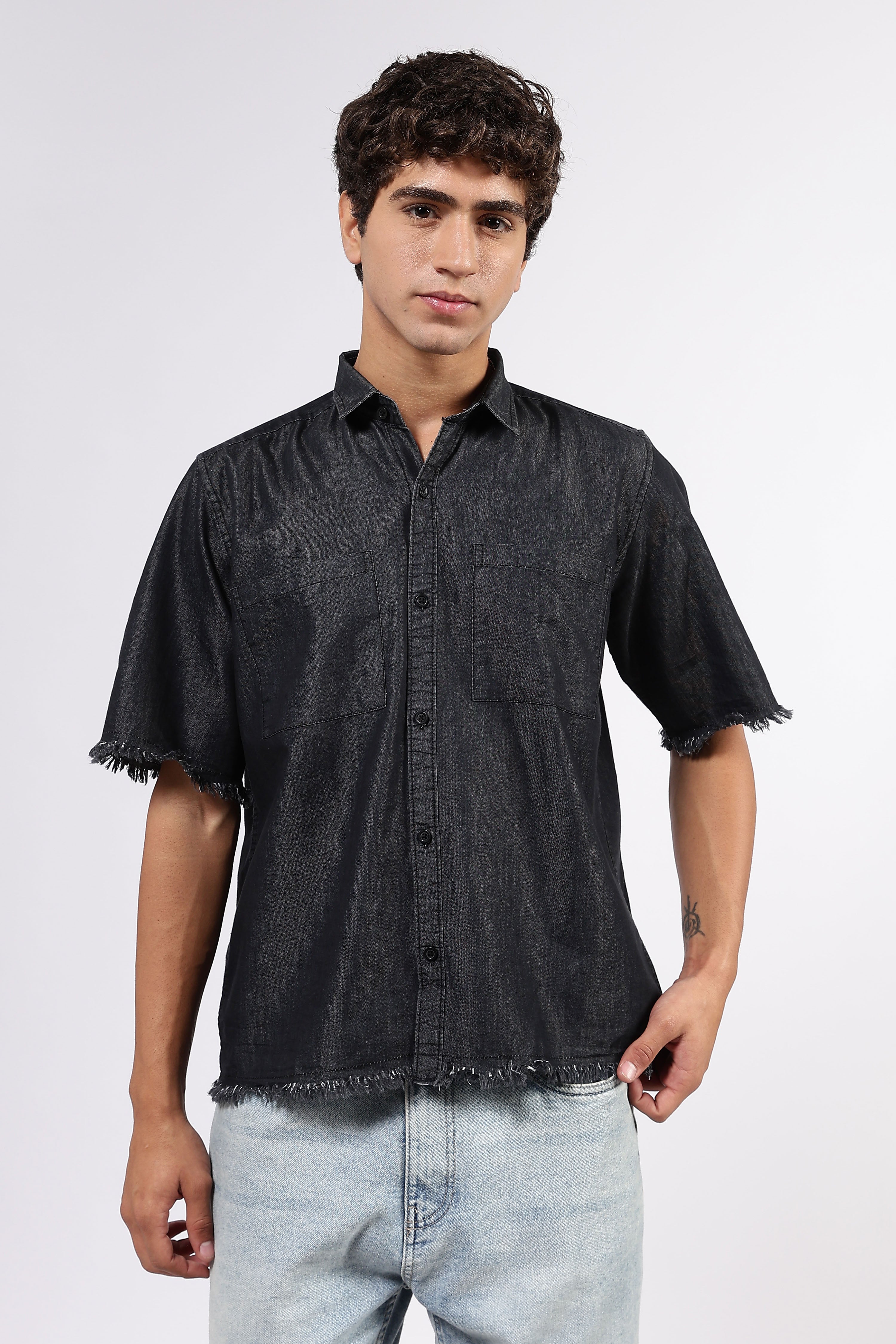 Black Raw Edge Oversized Box-Fit Spread Collar Premium Denim Shirt