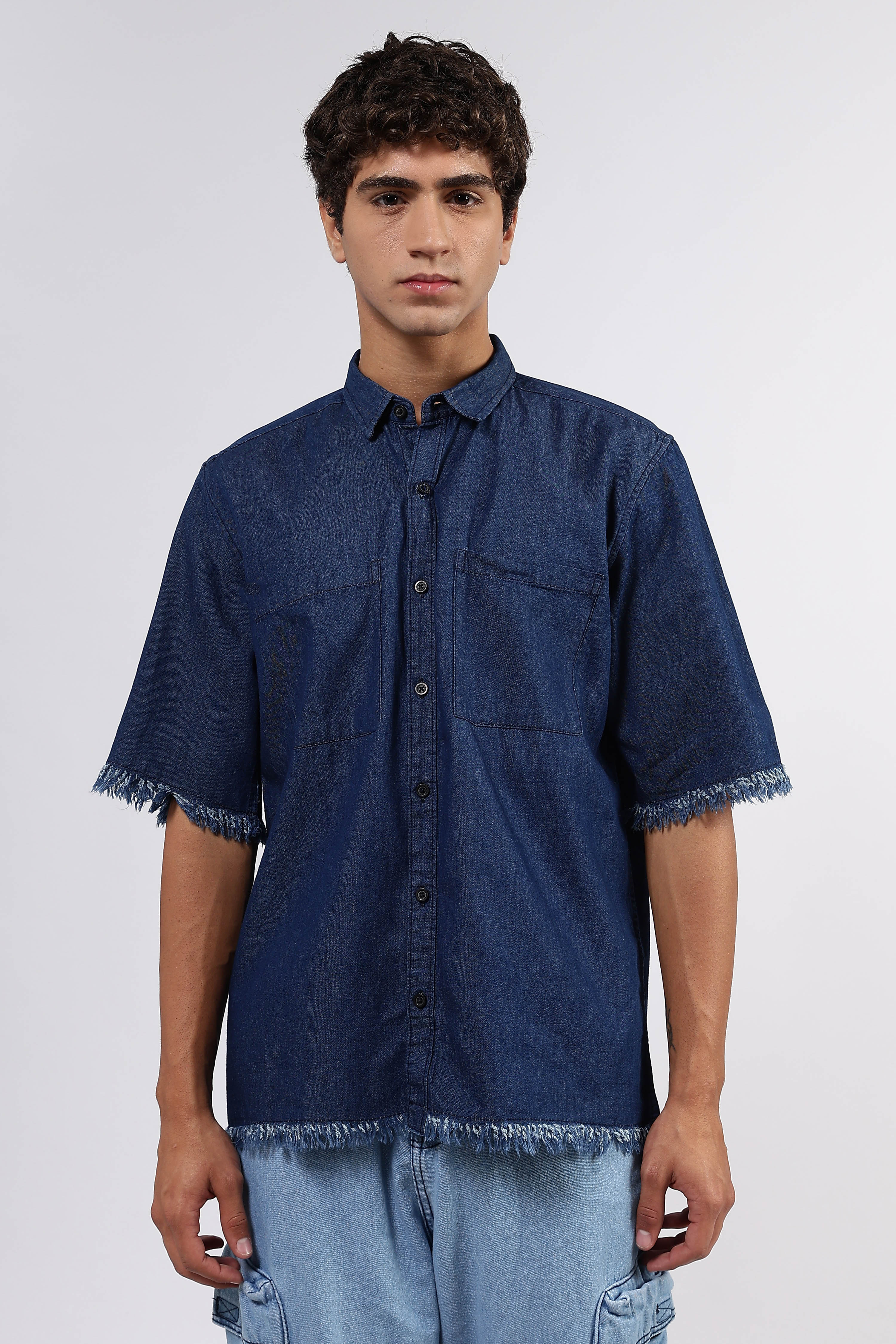Navy Blue Raw Edge Oversized Box-Fit Spread Collar Premium Denim Shirt