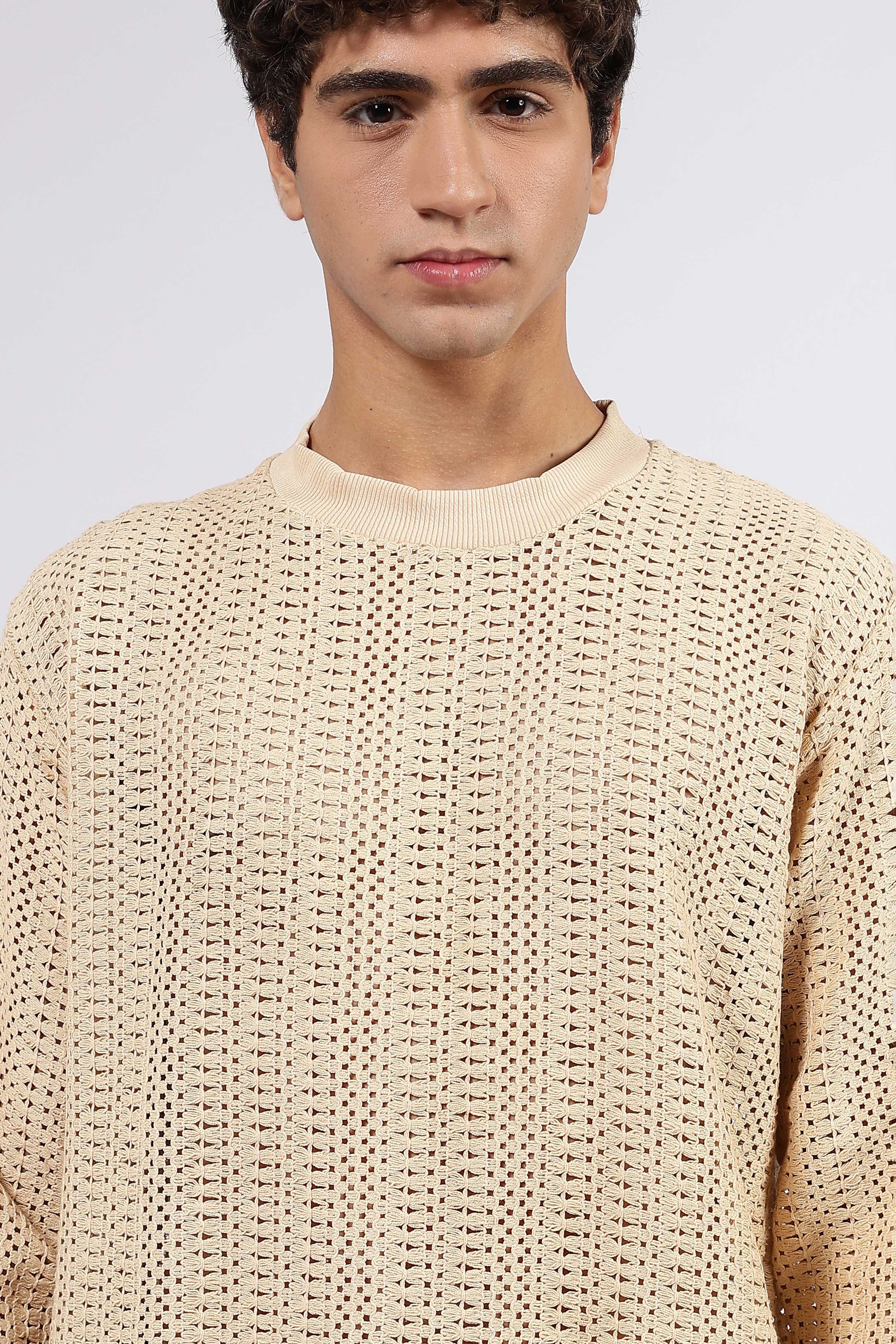 Beige Oversized Fit Premium Cotton Crochet Pullover