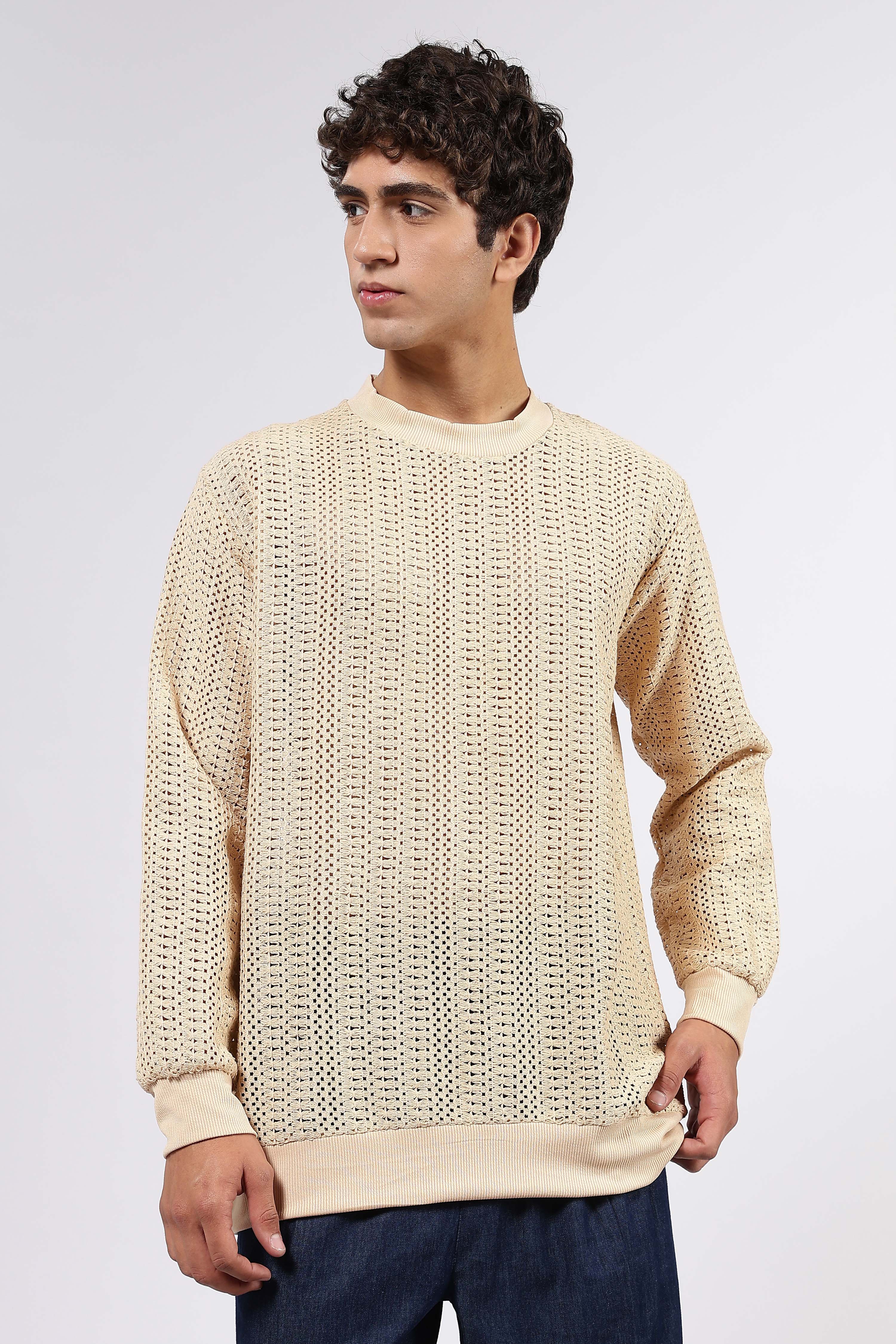 Beige Oversized Fit Premium Cotton Crochet Pullover
