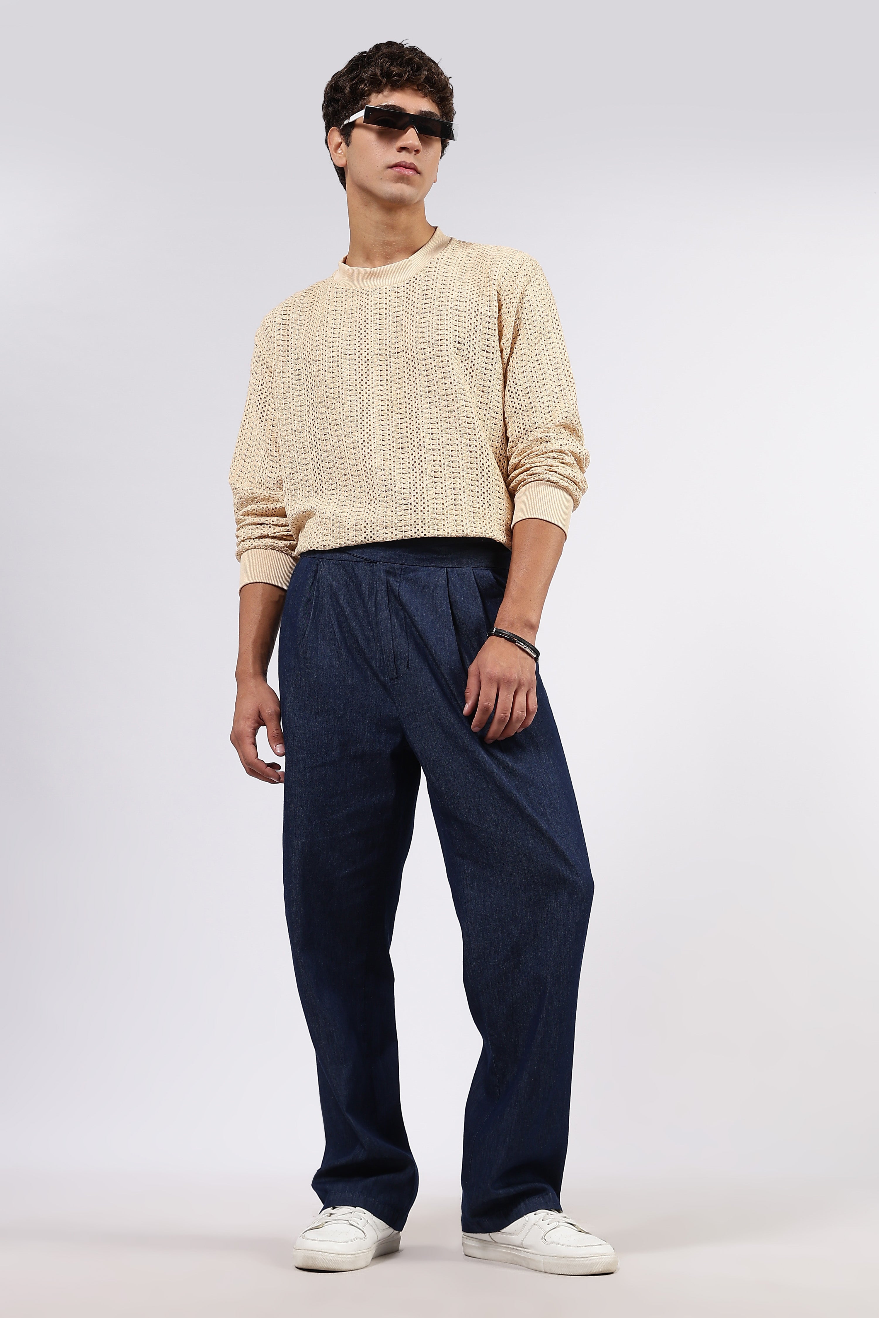 Beige Oversized Fit Premium Cotton Crochet Pullover