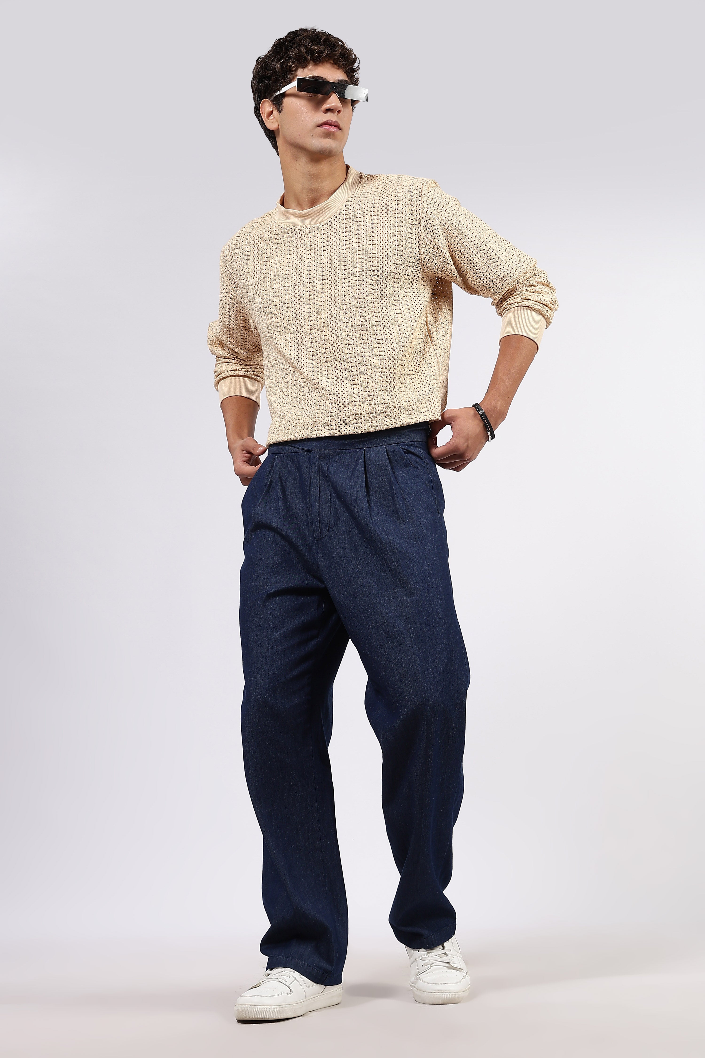 Beige Oversized Fit Premium Cotton Crochet Pullover