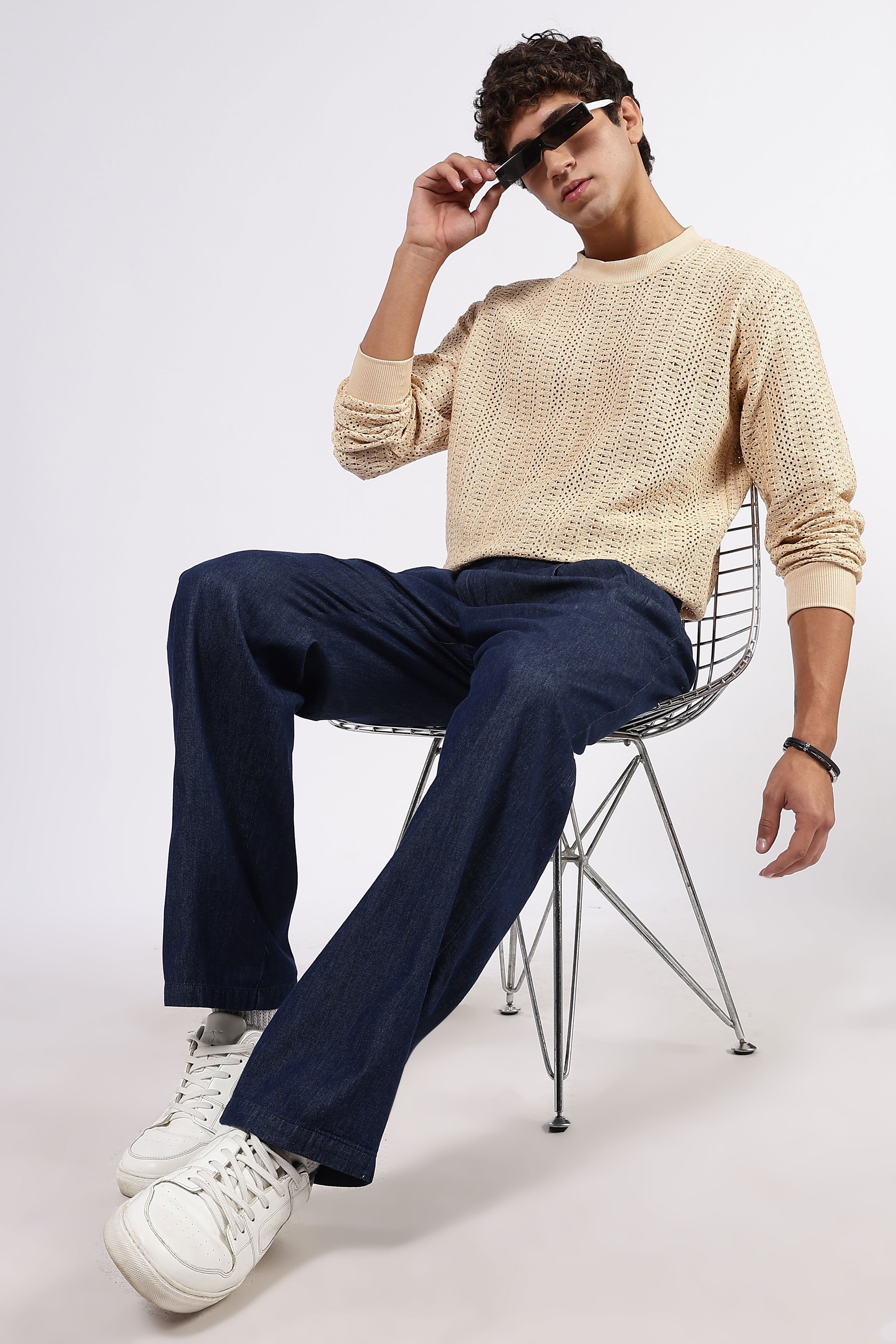 Beige Oversized Fit Premium Cotton Crochet Pullover