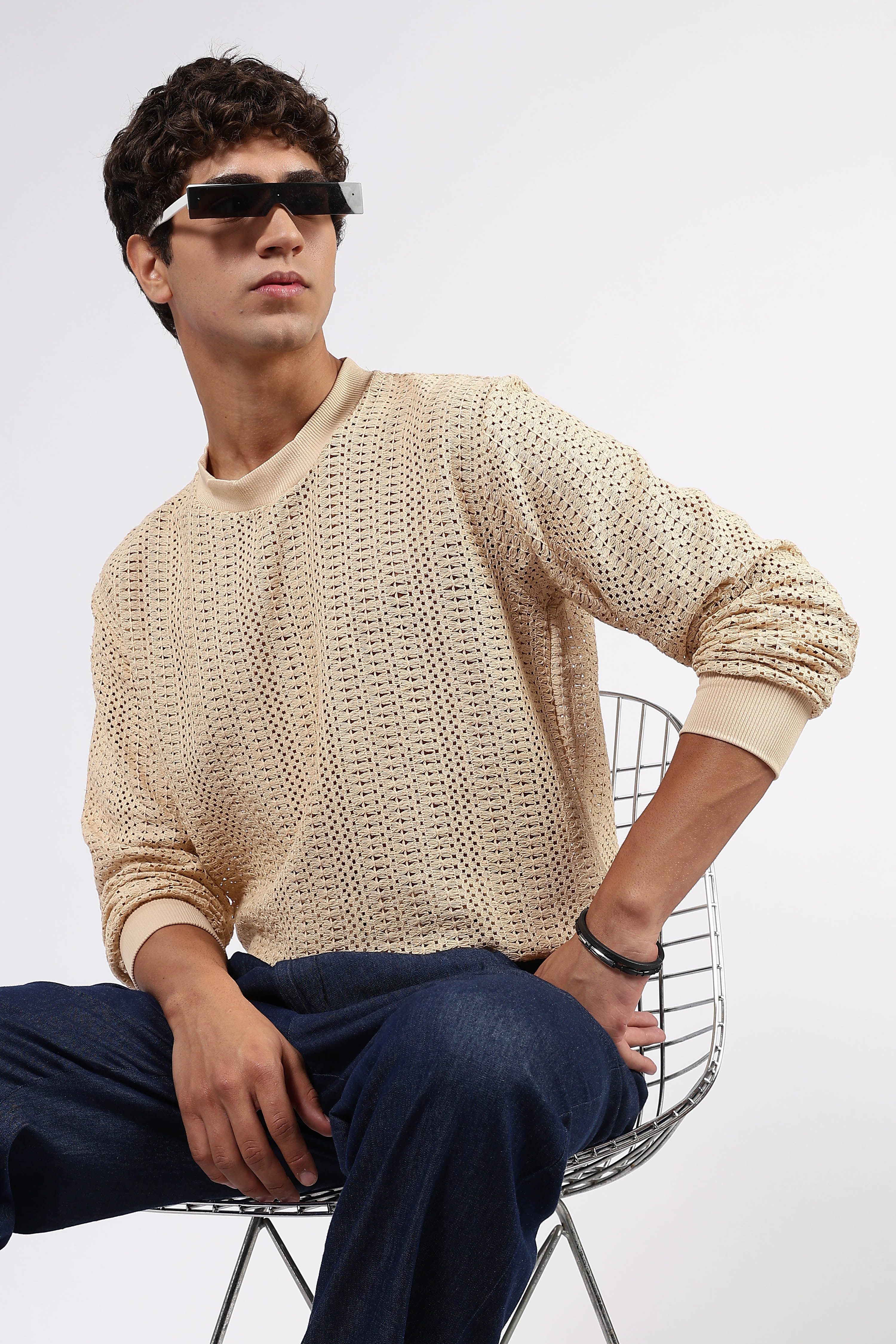Beige Oversized Fit Premium Cotton Crochet Pullover
