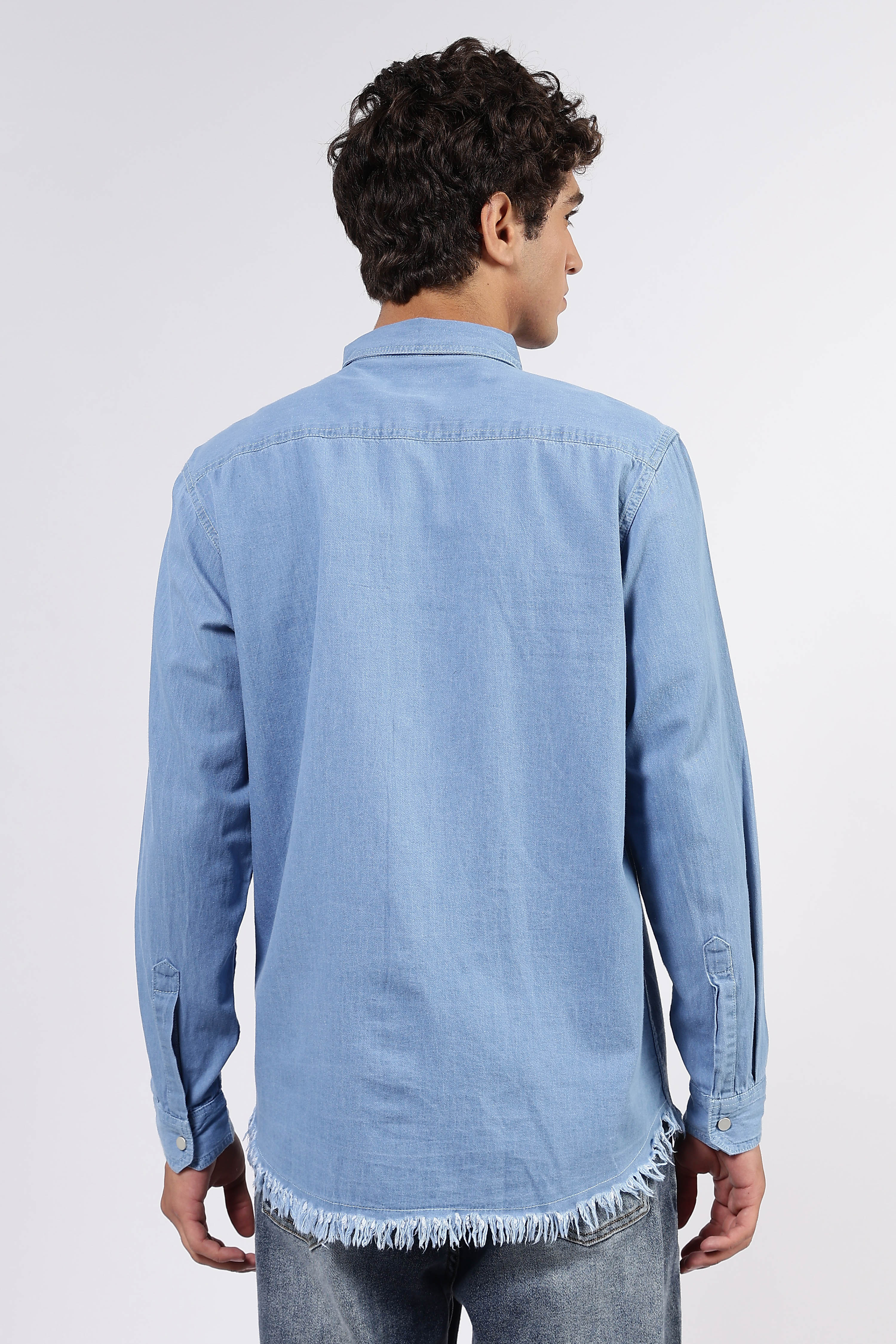Blue Raw Edge Oversized Relaxed Fit Spread Collar Premium Denim Shirt