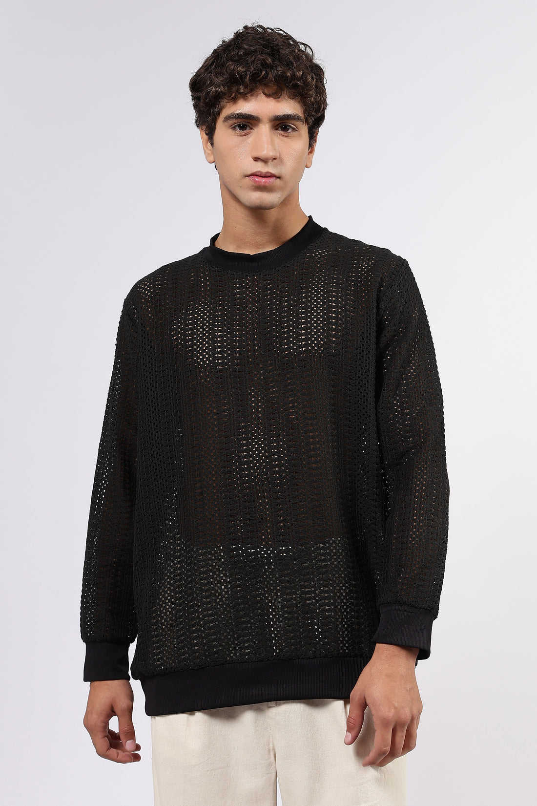 Black Oversized Fit Premium Cotton Crochet Pullover