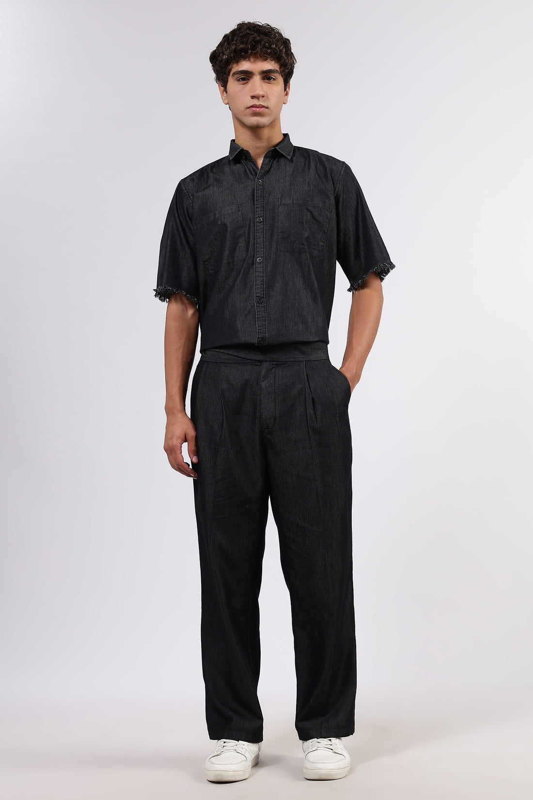 Co-Ord Set Black Premium Denim Gurkha Pant & Half Sleeve Shirt Relaxed Fit