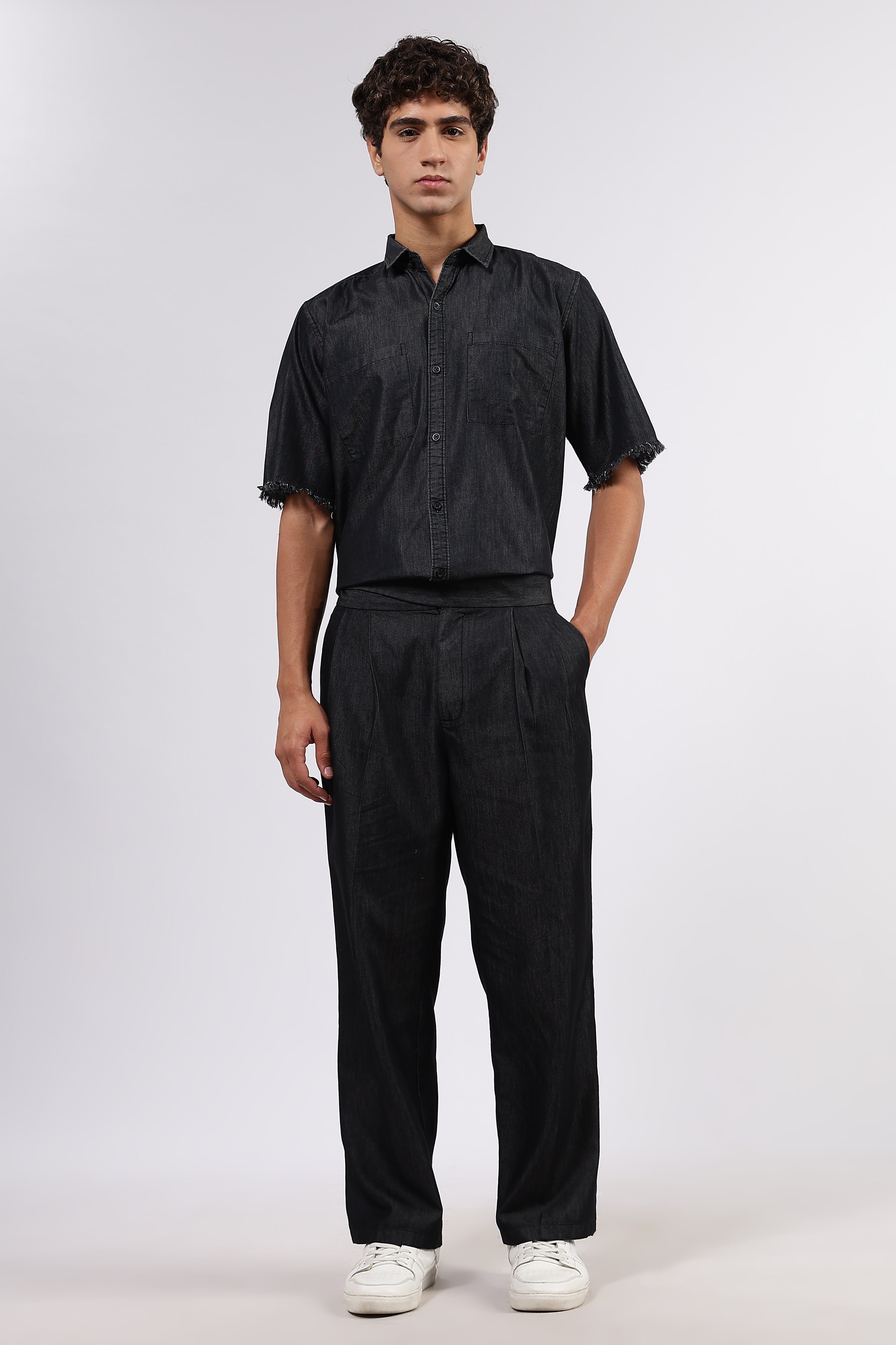 Co-Ord Set Black Premium Denim Gurkha Pant & Half Sleeve Shirt Relaxed Fit