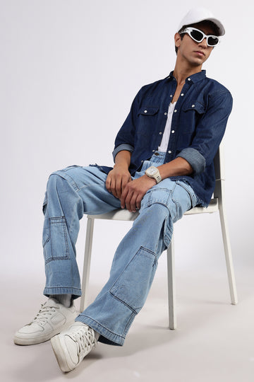 Navy Blue Raw Edge Oversized Relaxed Fit Spread Collar Premium Denim Shirt