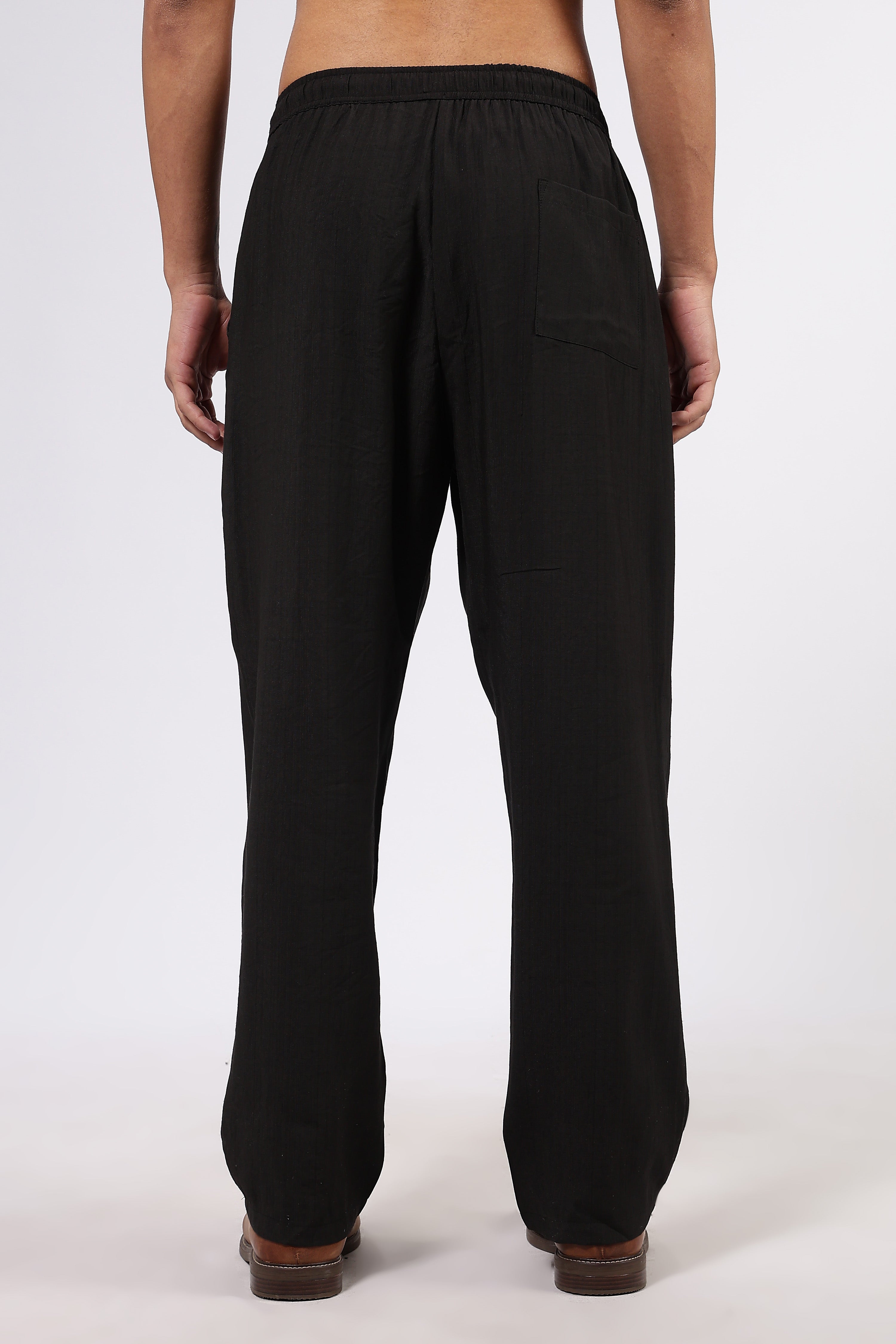 Black Solid Premium Viscose Mid-Rise All Day Relaxed Fit Pants