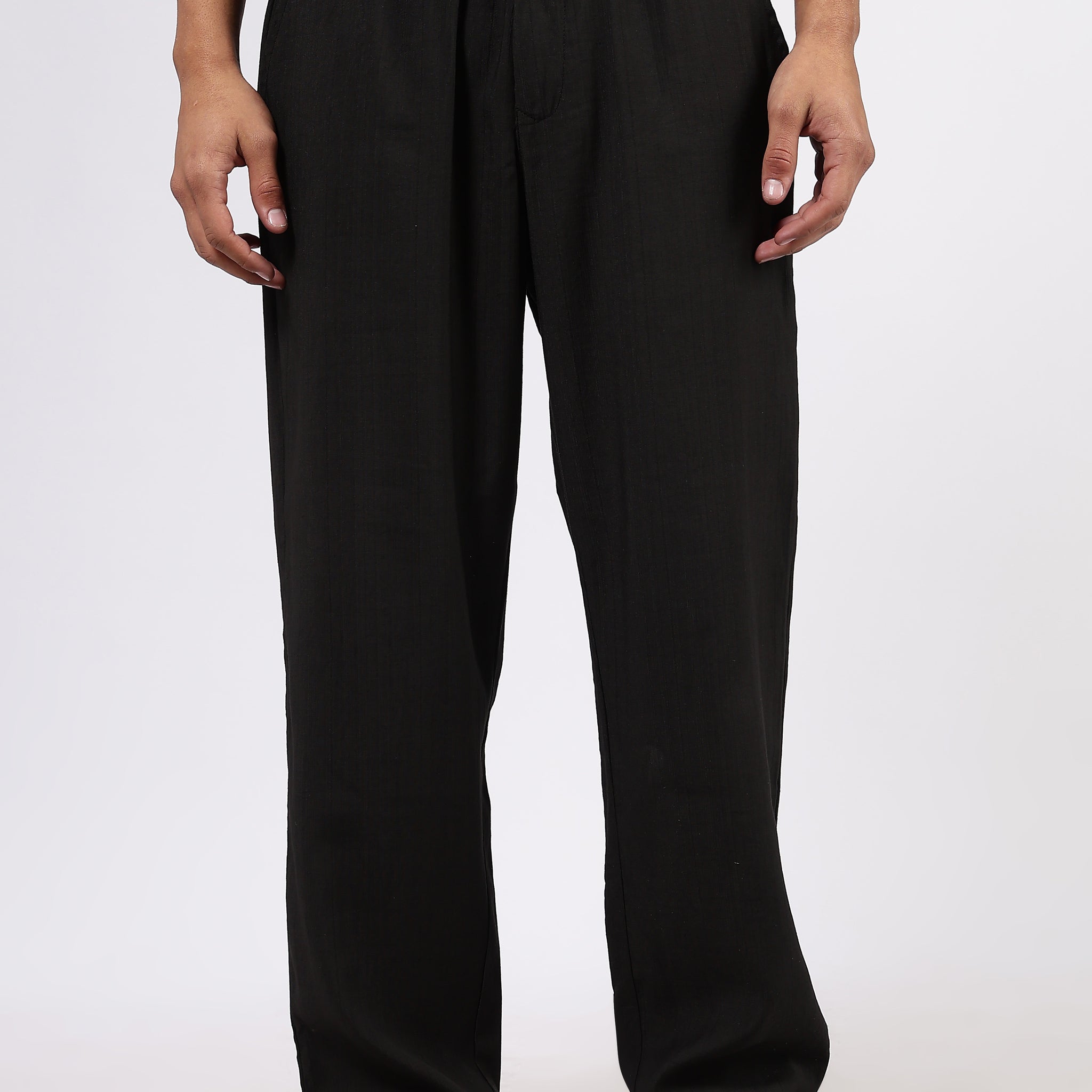 Black Solid Premium Viscose Mid-Rise All Day Relaxed Fit Pants