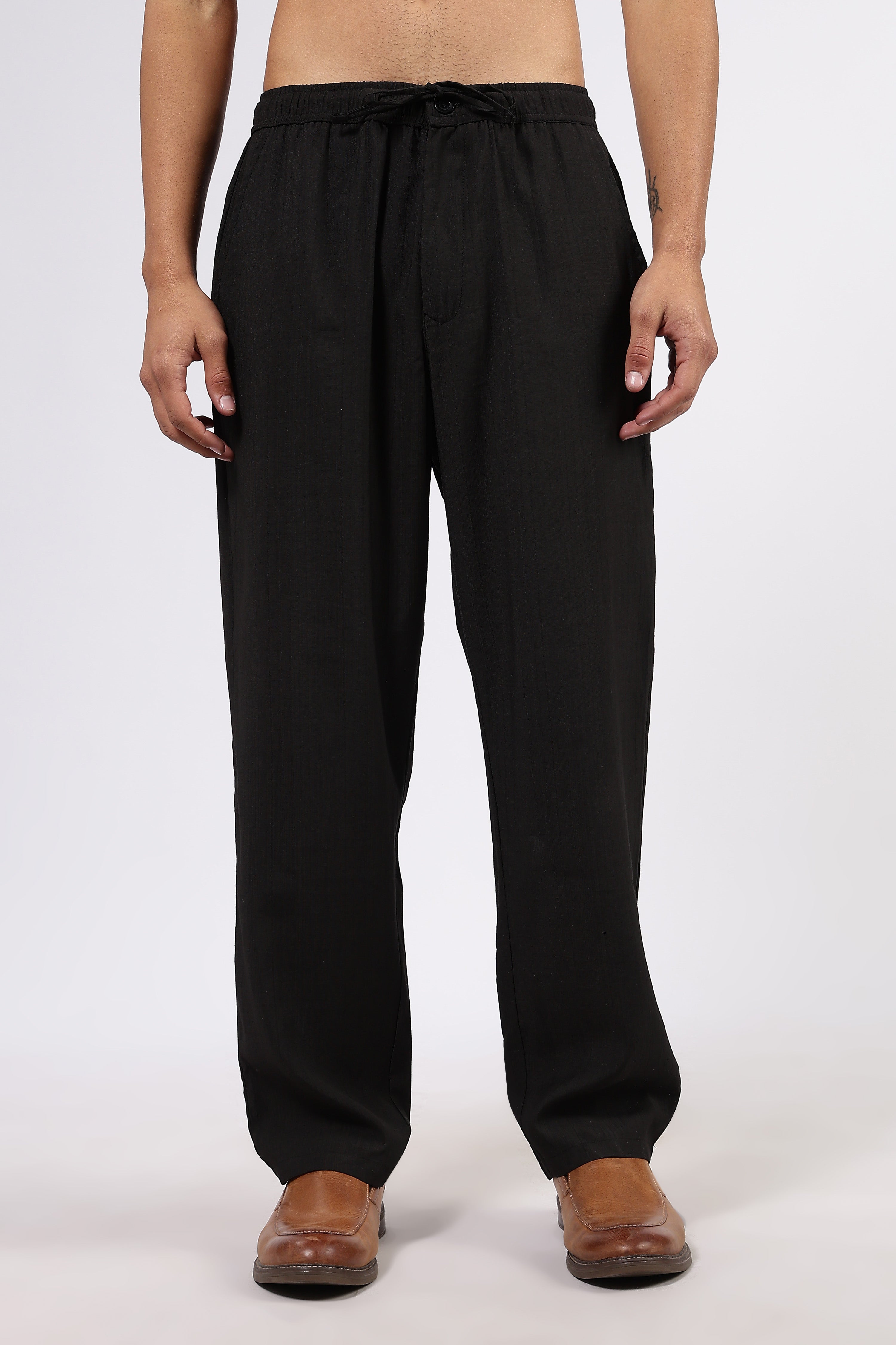 Black Solid Premium Viscose Mid-Rise All Day Relaxed Fit Pants