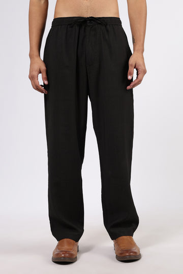 Black Solid Premium Viscose Mid-Rise All Day Relaxed Fit Pants
