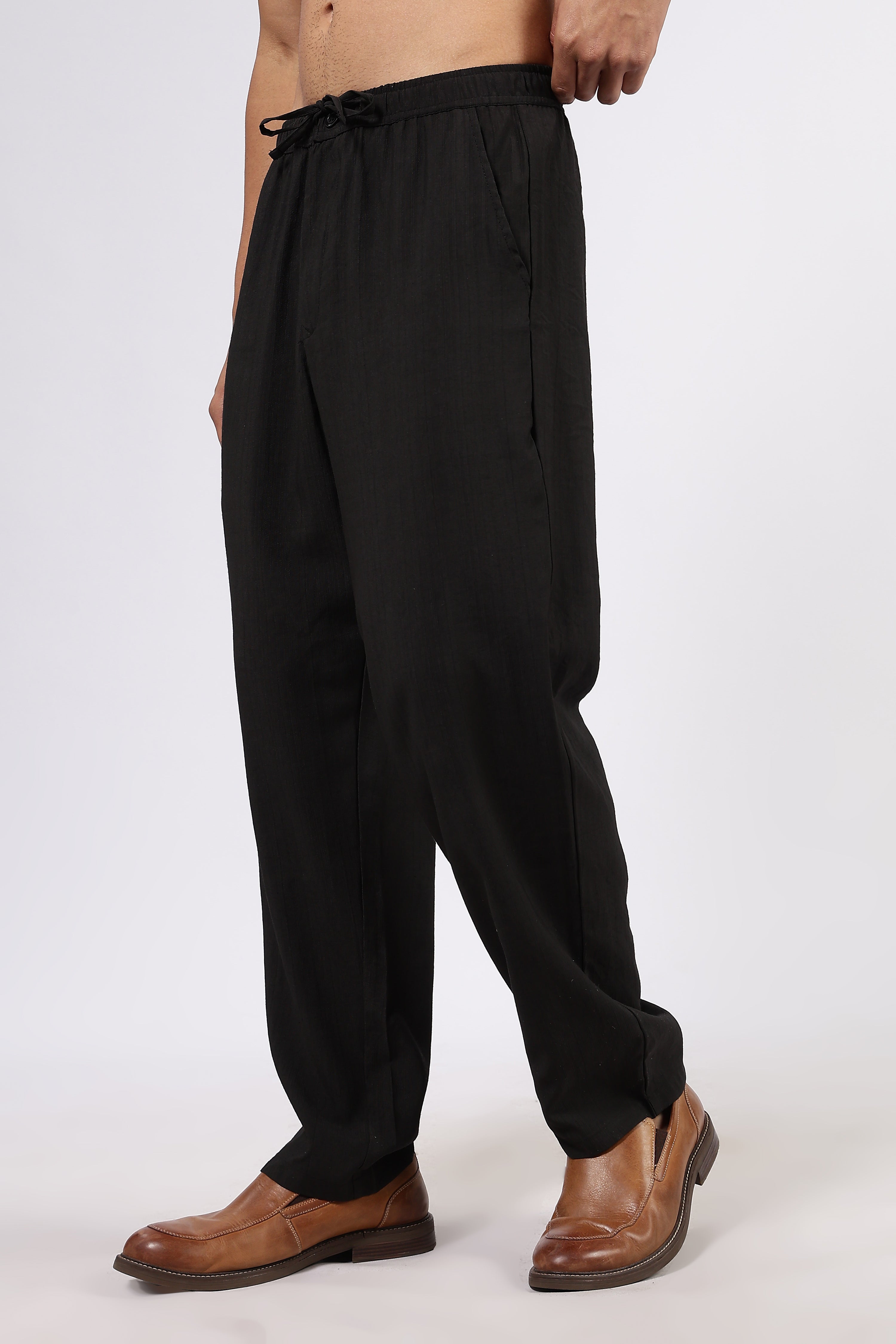 Black Solid Premium Viscose Mid-Rise All Day Relaxed Fit Pants