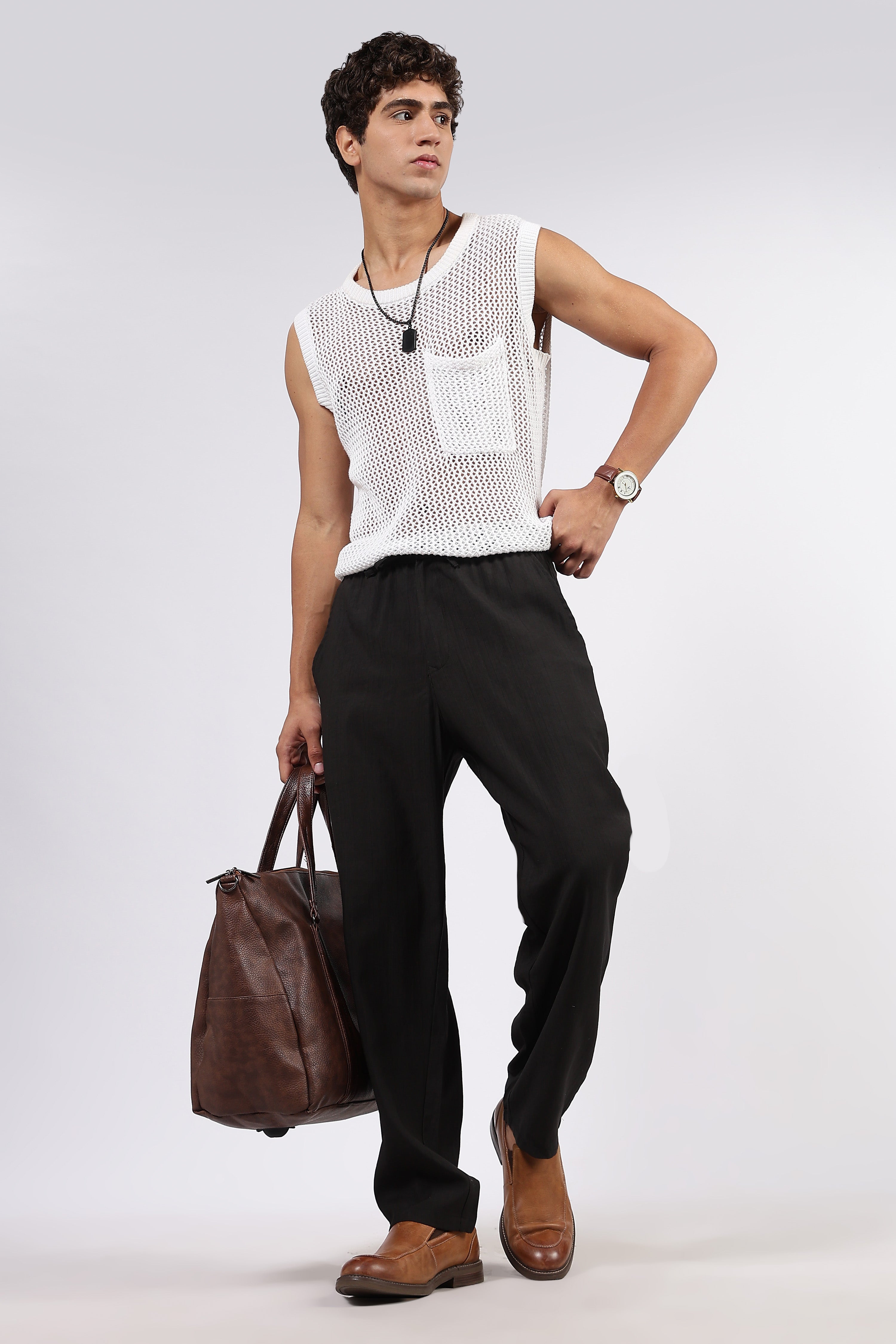 Black Solid Premium Viscose Mid-Rise All Day Relaxed Fit Pants