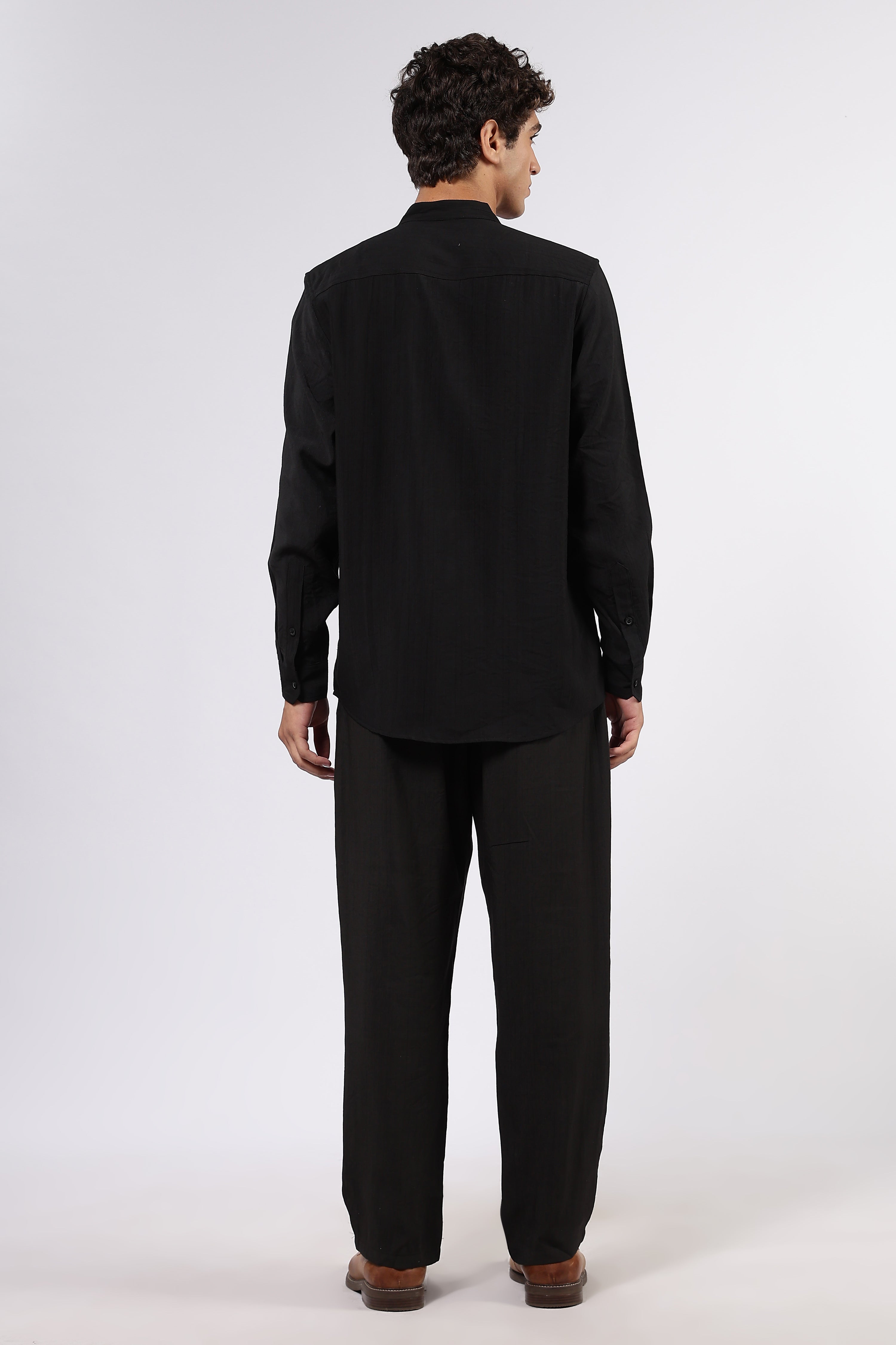Black Premium Viscose Casual Relaxed Fit Mandarin Collar Shirt & All Day Pants Co-Ord Set