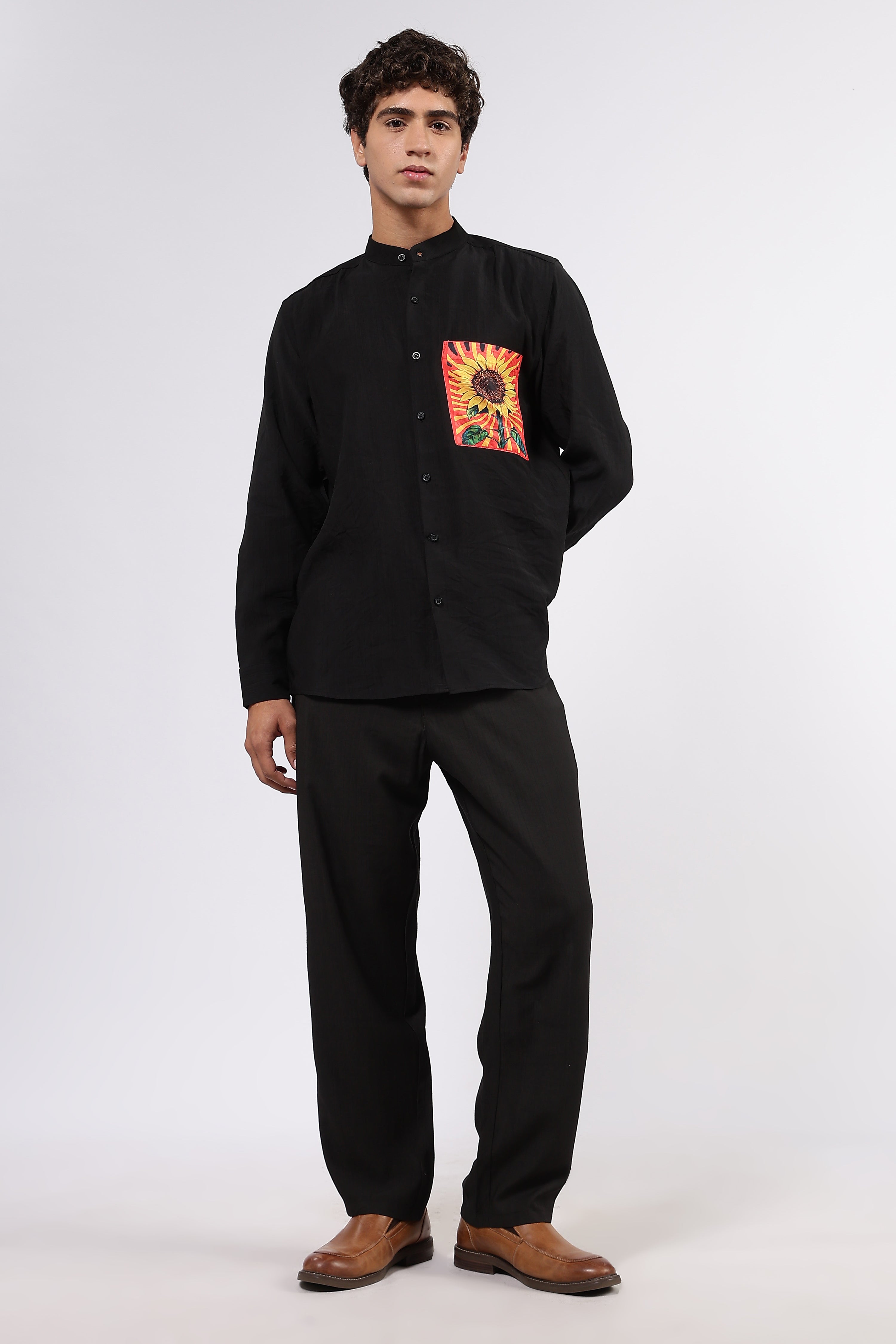 Black Premium Viscose Casual Relaxed Fit Mandarin Collar Shirt & All Day Pants Co-Ord Set