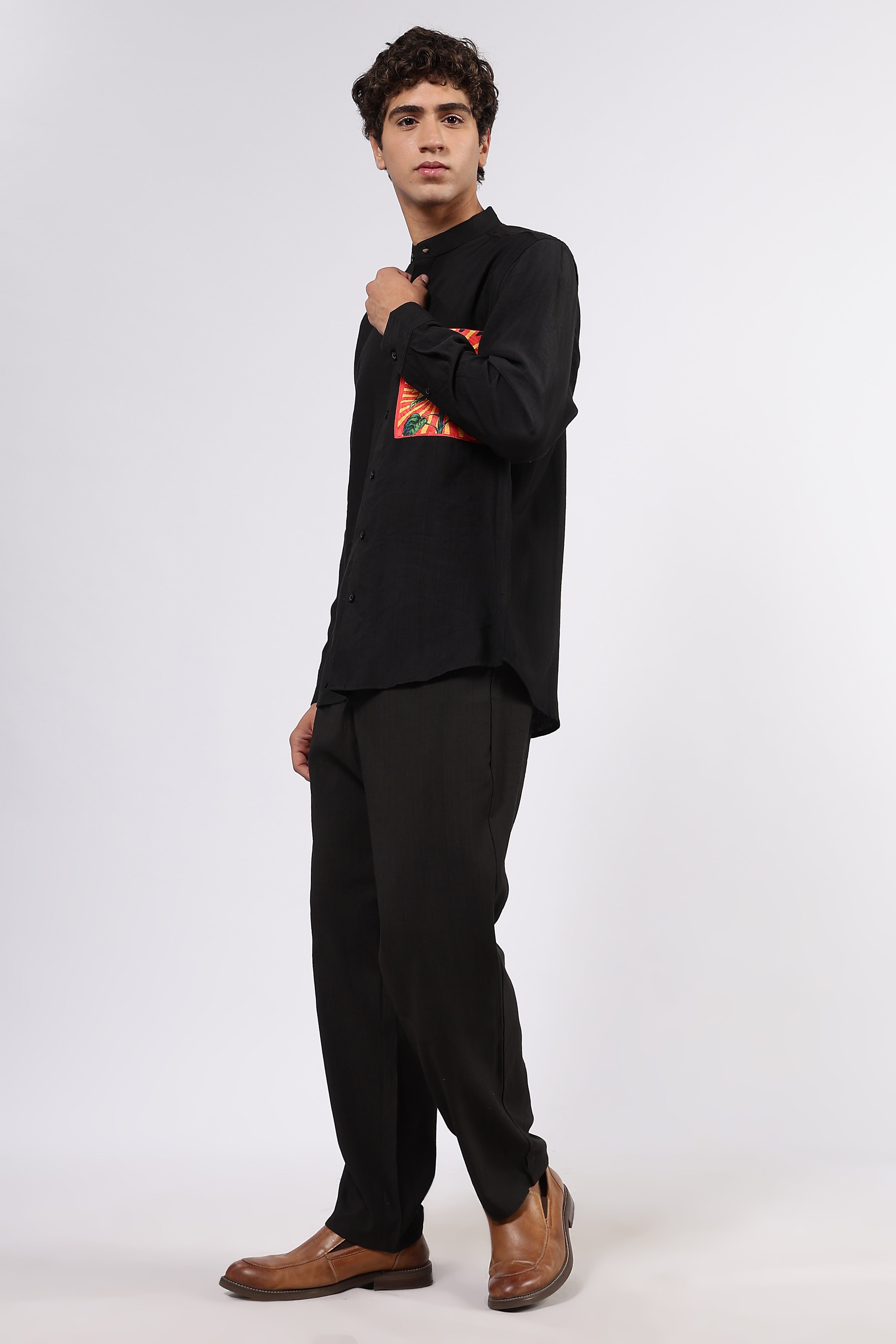 Black Premium Viscose Casual Relaxed Fit Mandarin Collar Shirt & All Day Pants Co-Ord Set