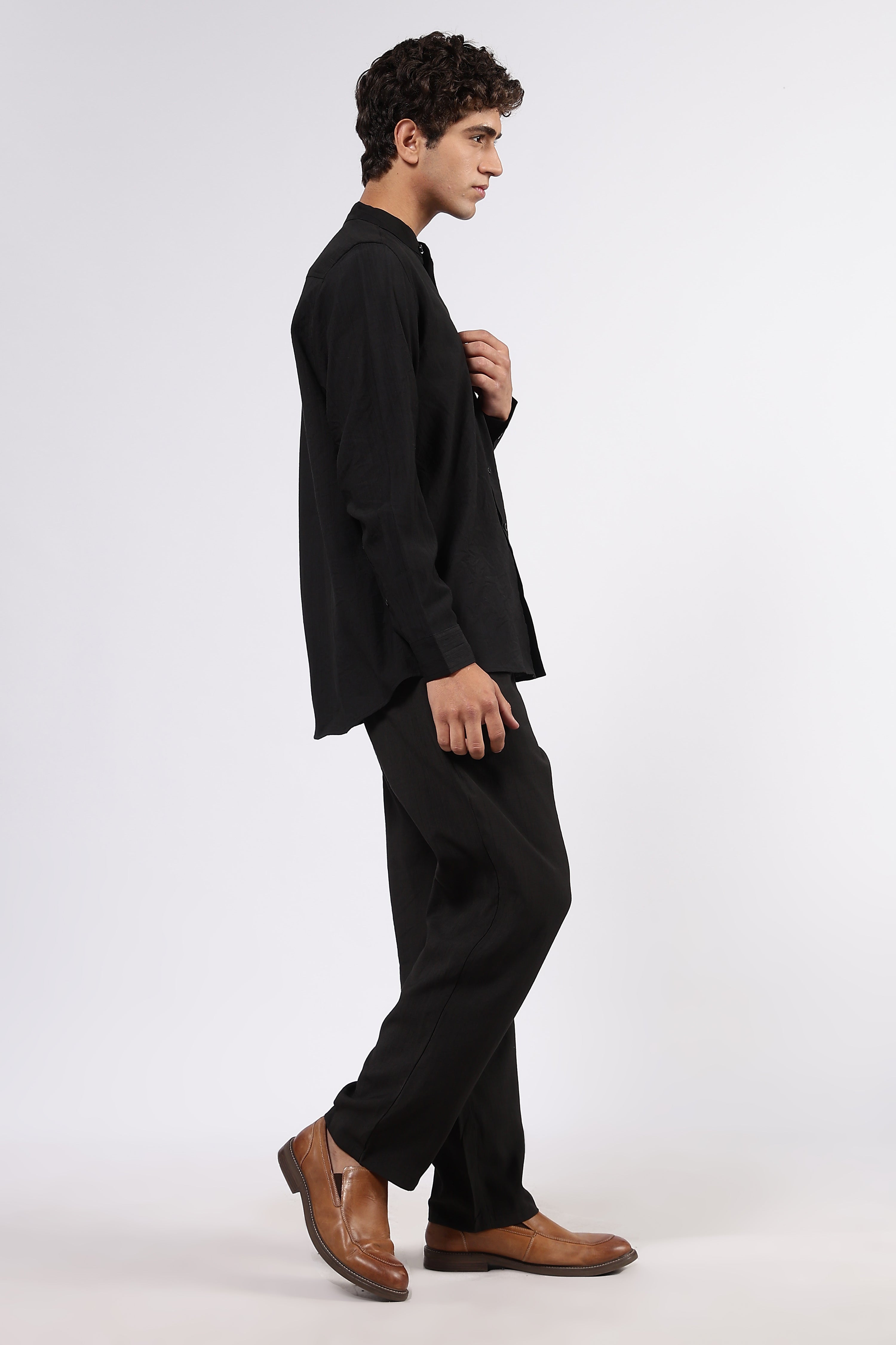 Black Premium Viscose Casual Relaxed Fit Mandarin Collar Shirt & All Day Pants Co-Ord Set