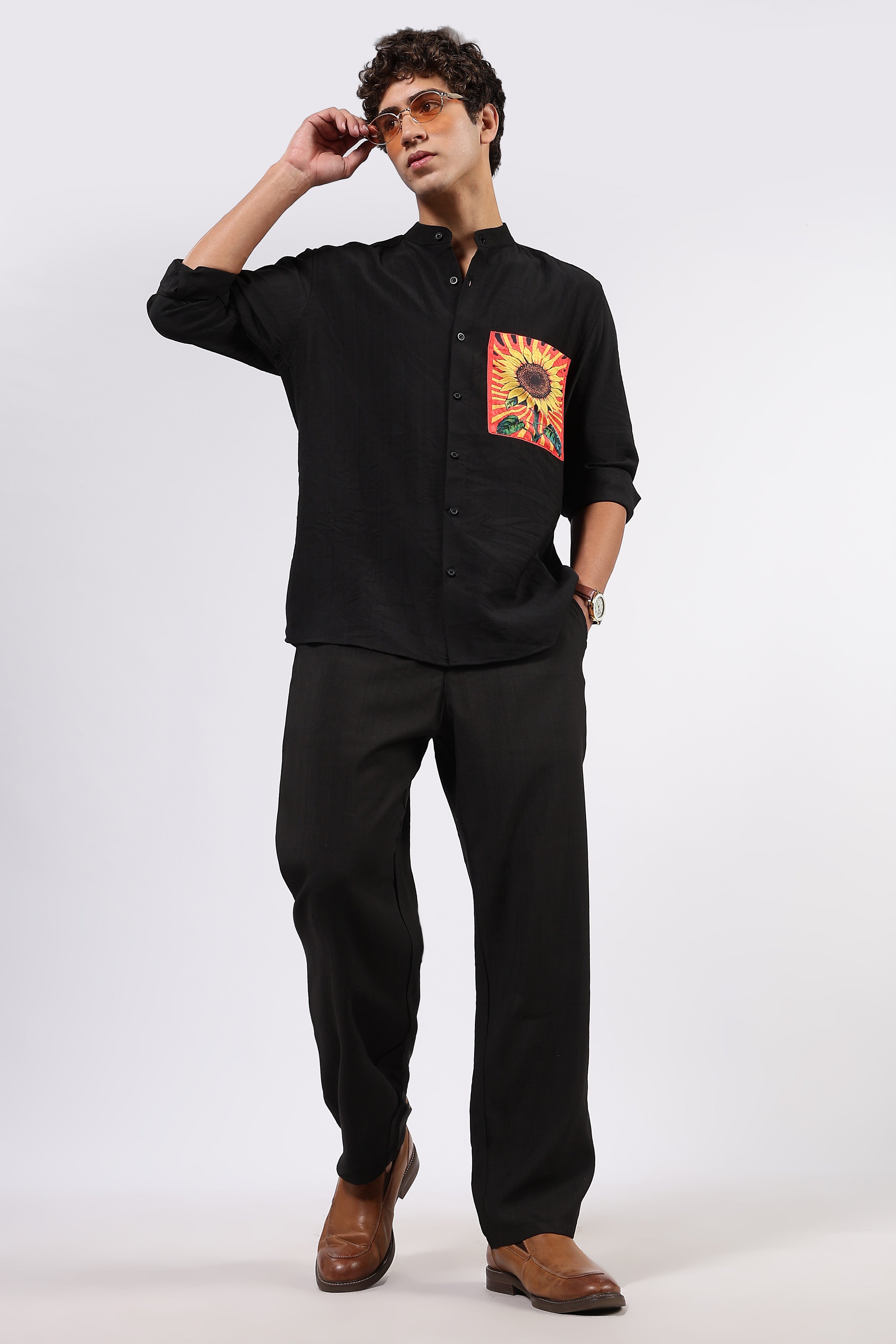 Black Premium Viscose Casual Relaxed Fit Mandarin Collar Shirt & All Day Pants Co-Ord Set