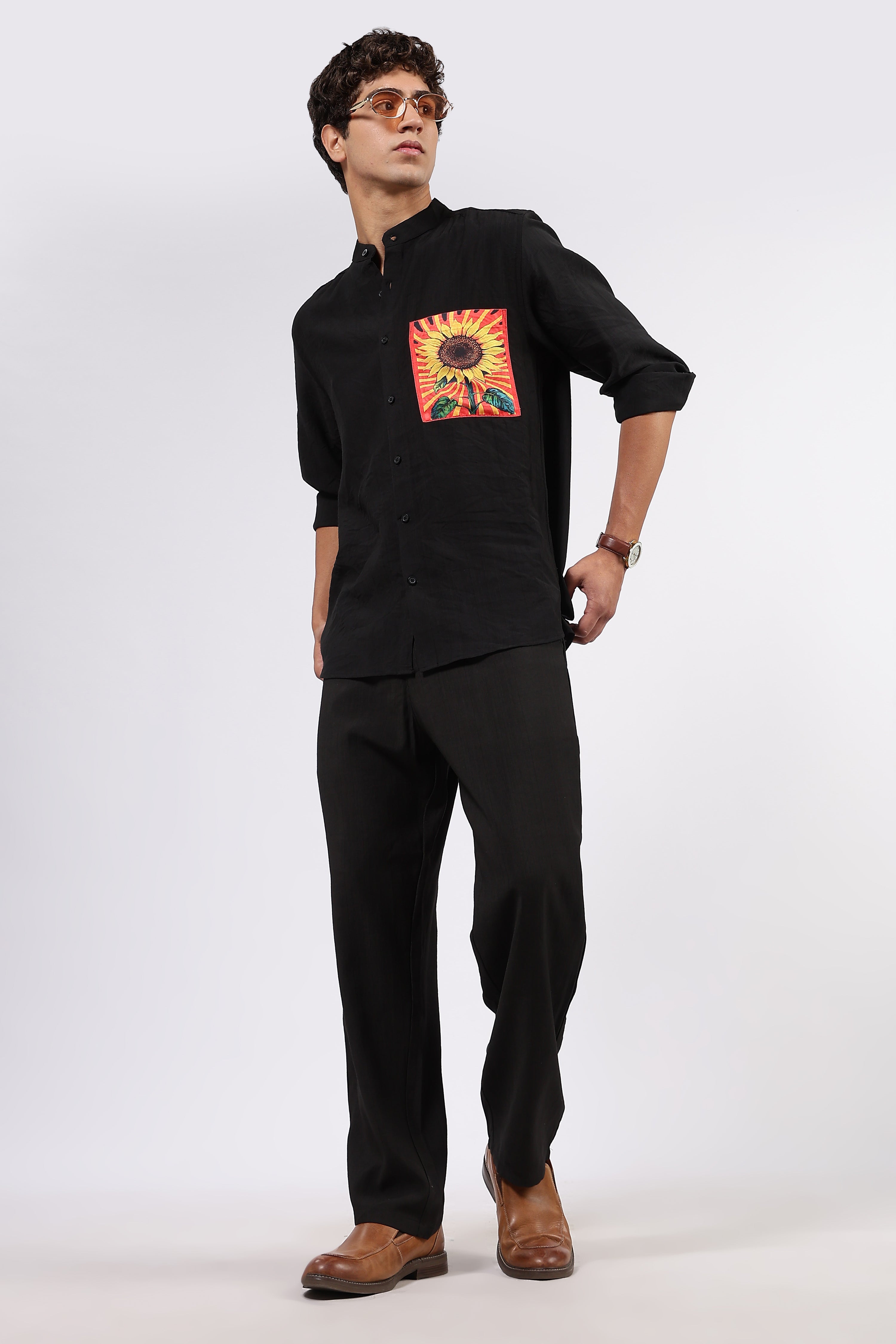 Black Premium Viscose Casual Relaxed Fit Mandarin Collar Shirt & All Day Pants Co-Ord Set