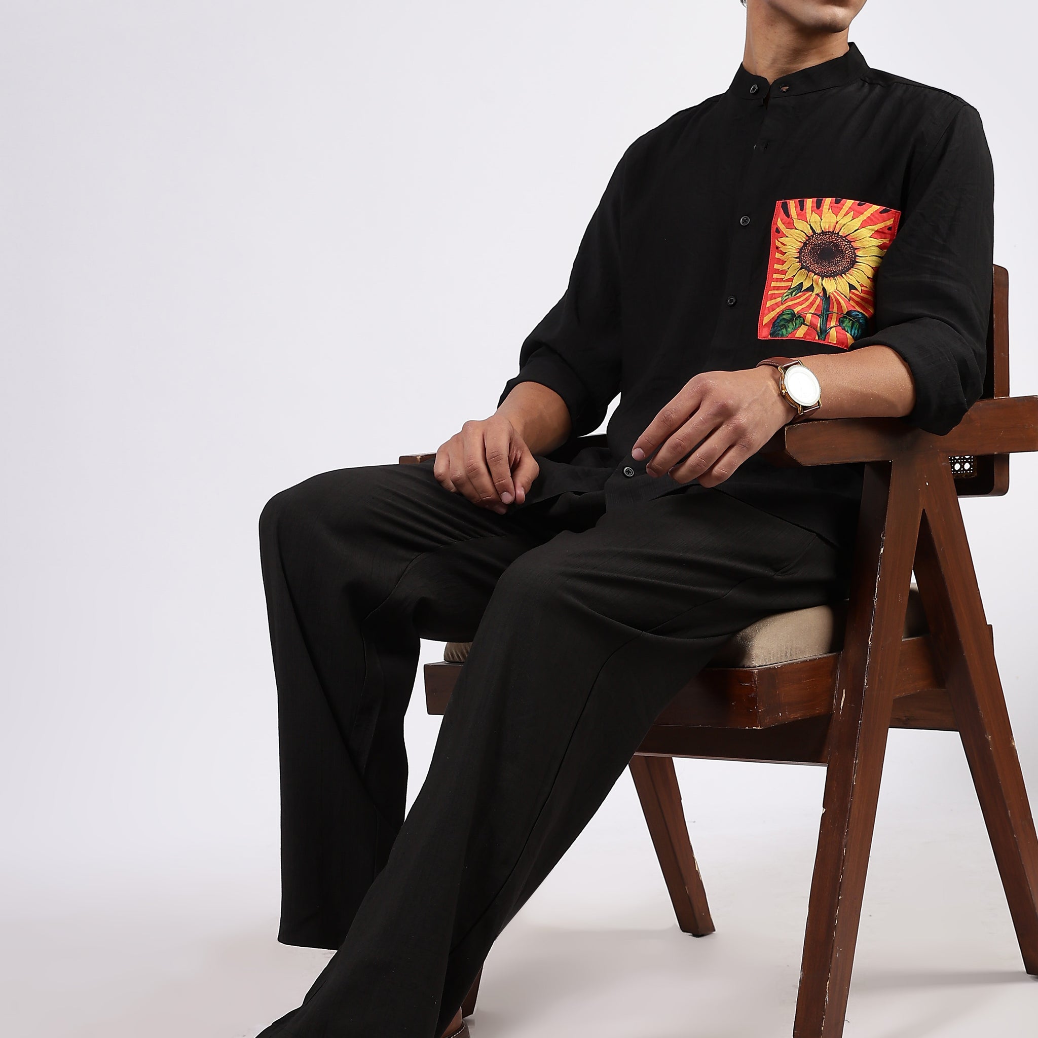 Black Premium Viscose Casual Relaxed Fit Mandarin Collar Shirt & All Day Pants Co-Ord Set