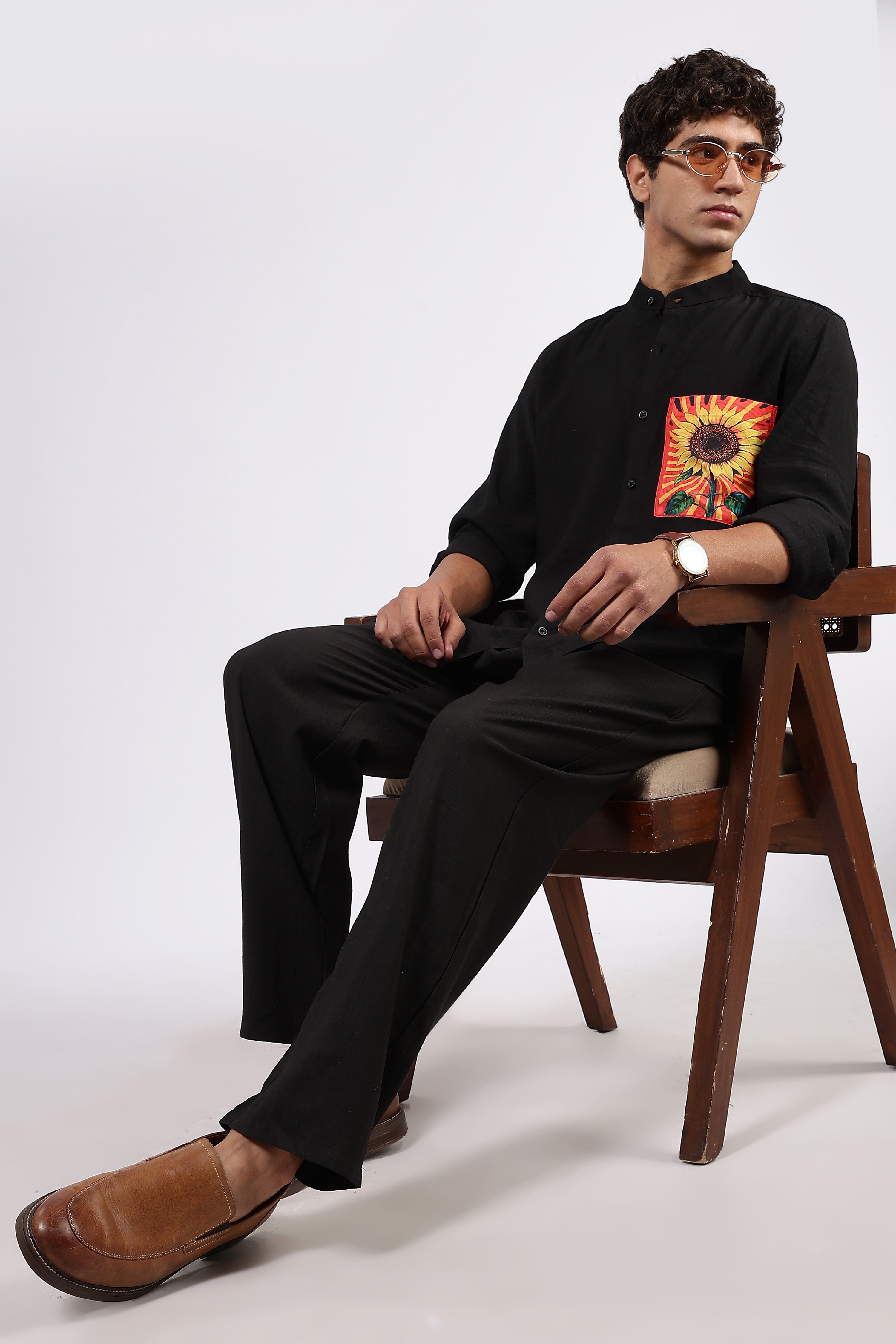 Black Premium Viscose Casual Relaxed Fit Mandarin Collar Shirt & All Day Pants Co-Ord Set