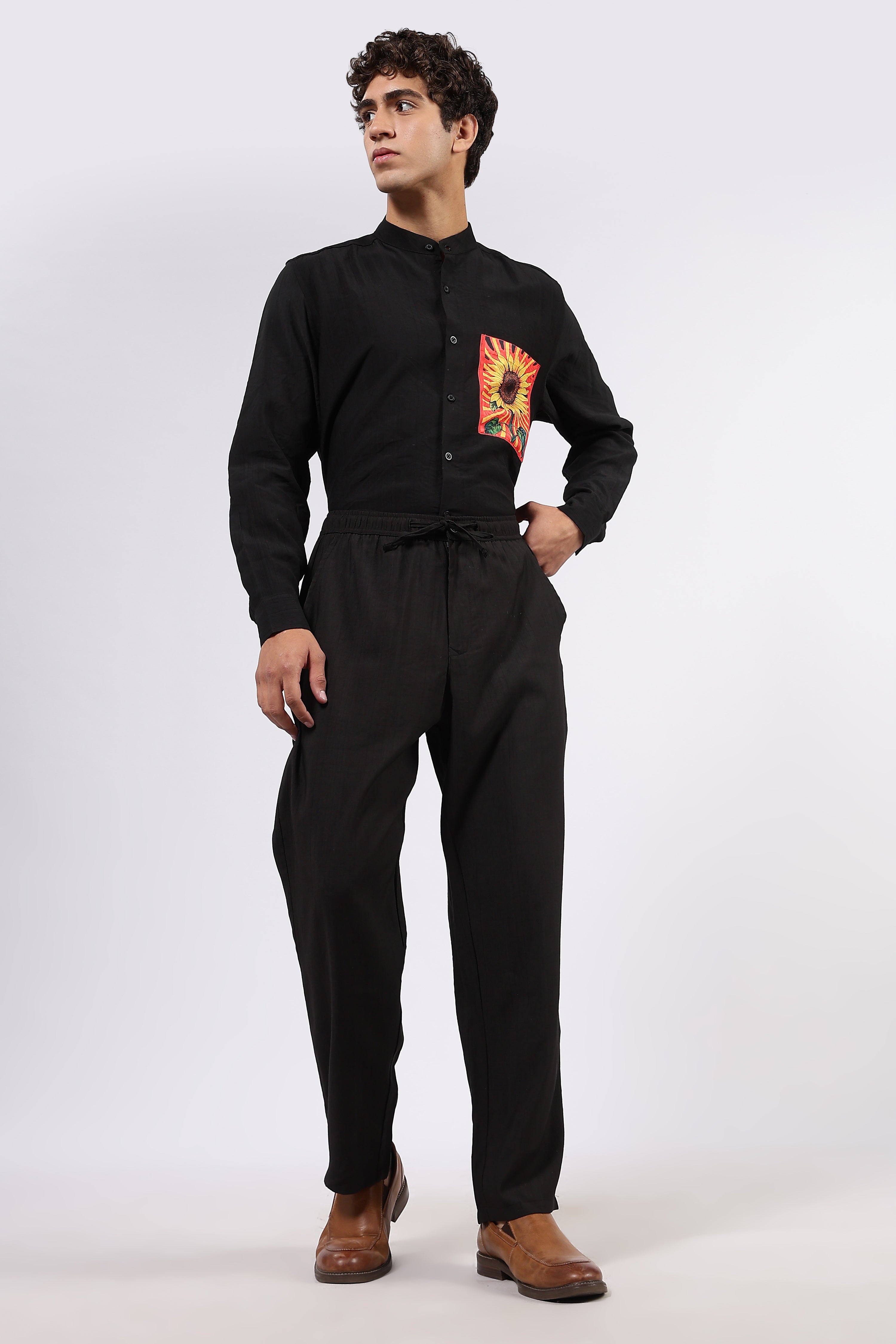 Black Premium Viscose Casual Relaxed Fit Mandarin Collar Shirt & All Day Pants Co-Ord Set