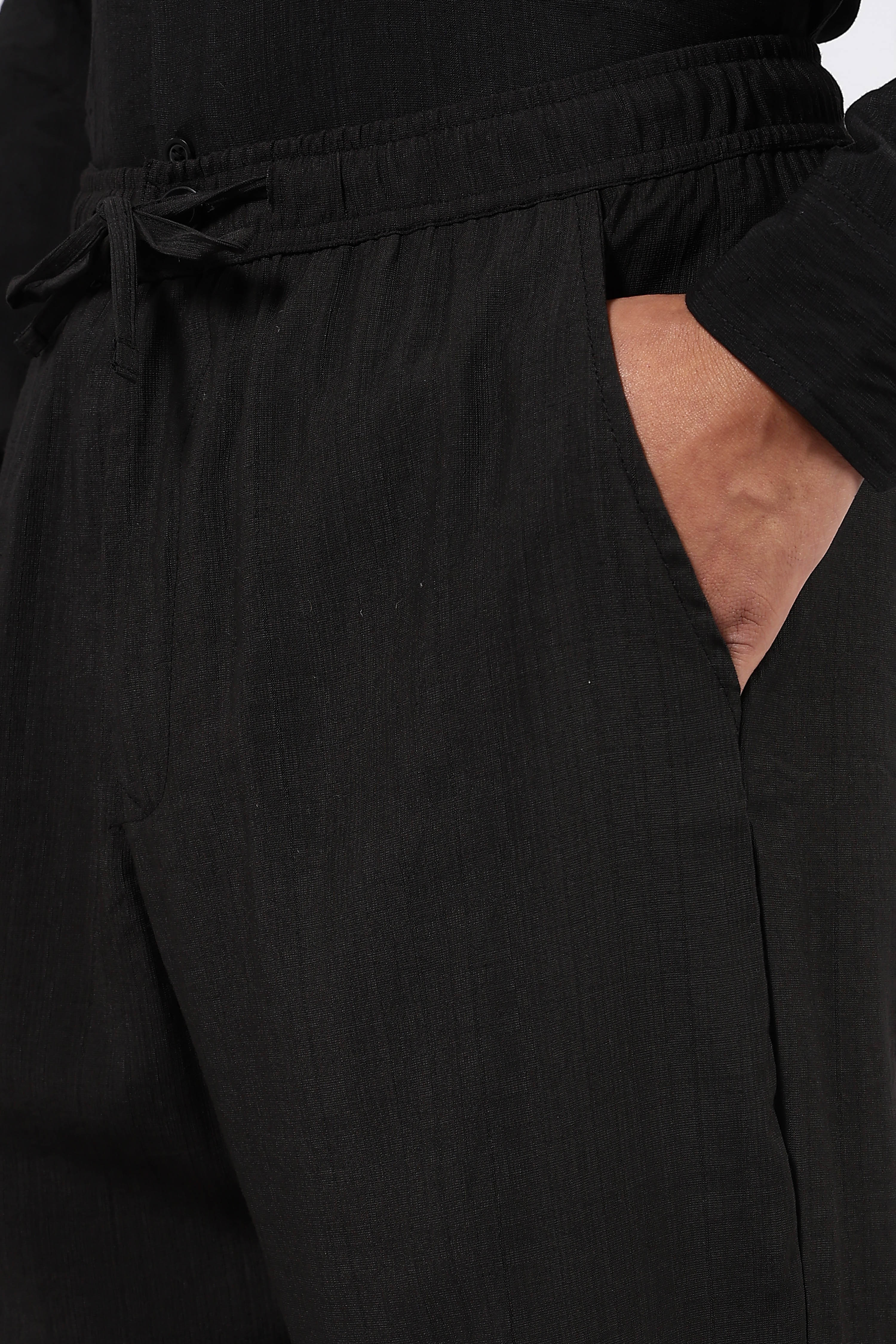 Black Premium Viscose Casual Relaxed Fit Mandarin Collar Shirt & All Day Pants Co-Ord Set