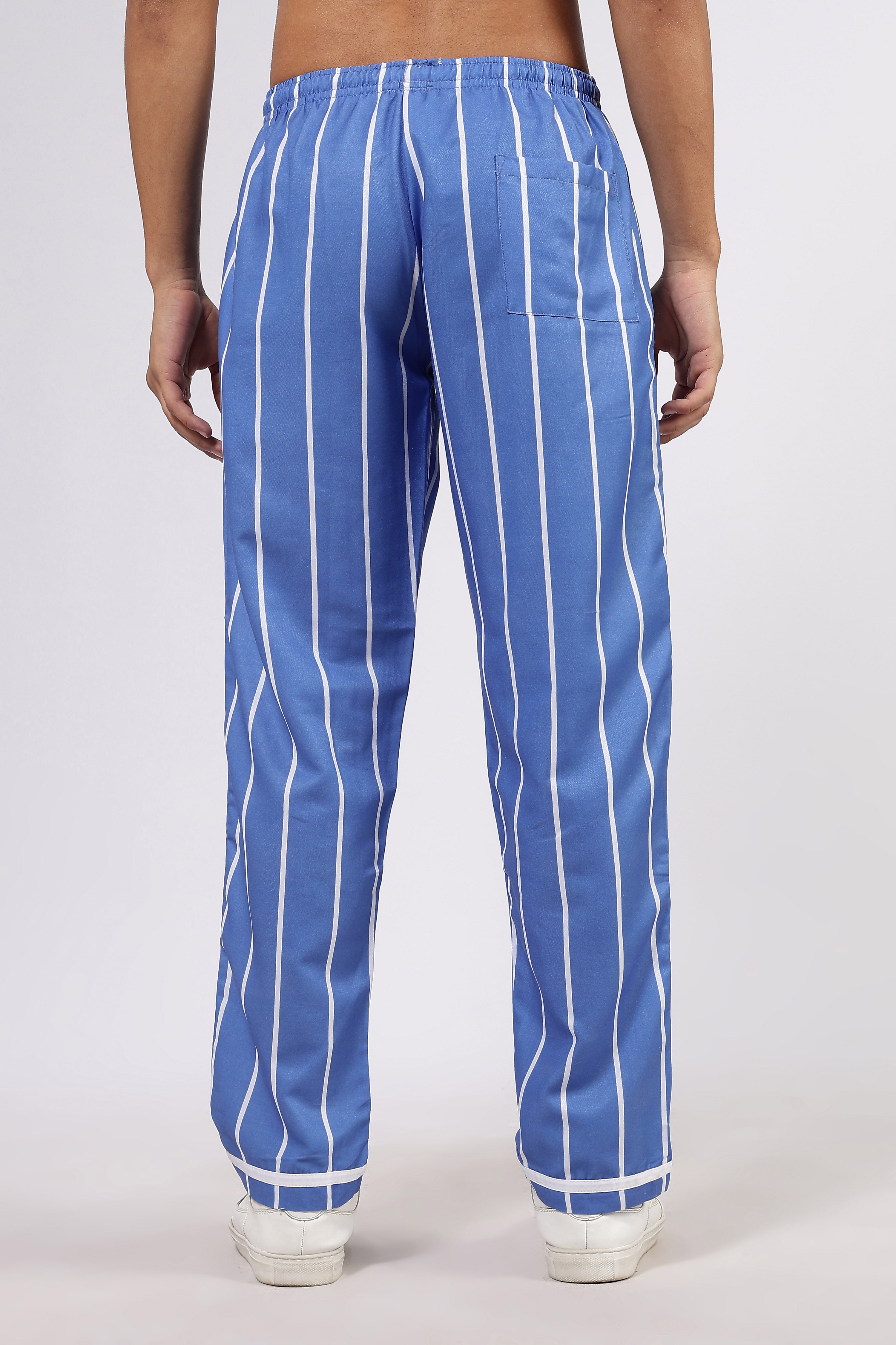 Unisex Blue Striped Varsity Striped Mid-Rise All Day Relaxed Fit Pants