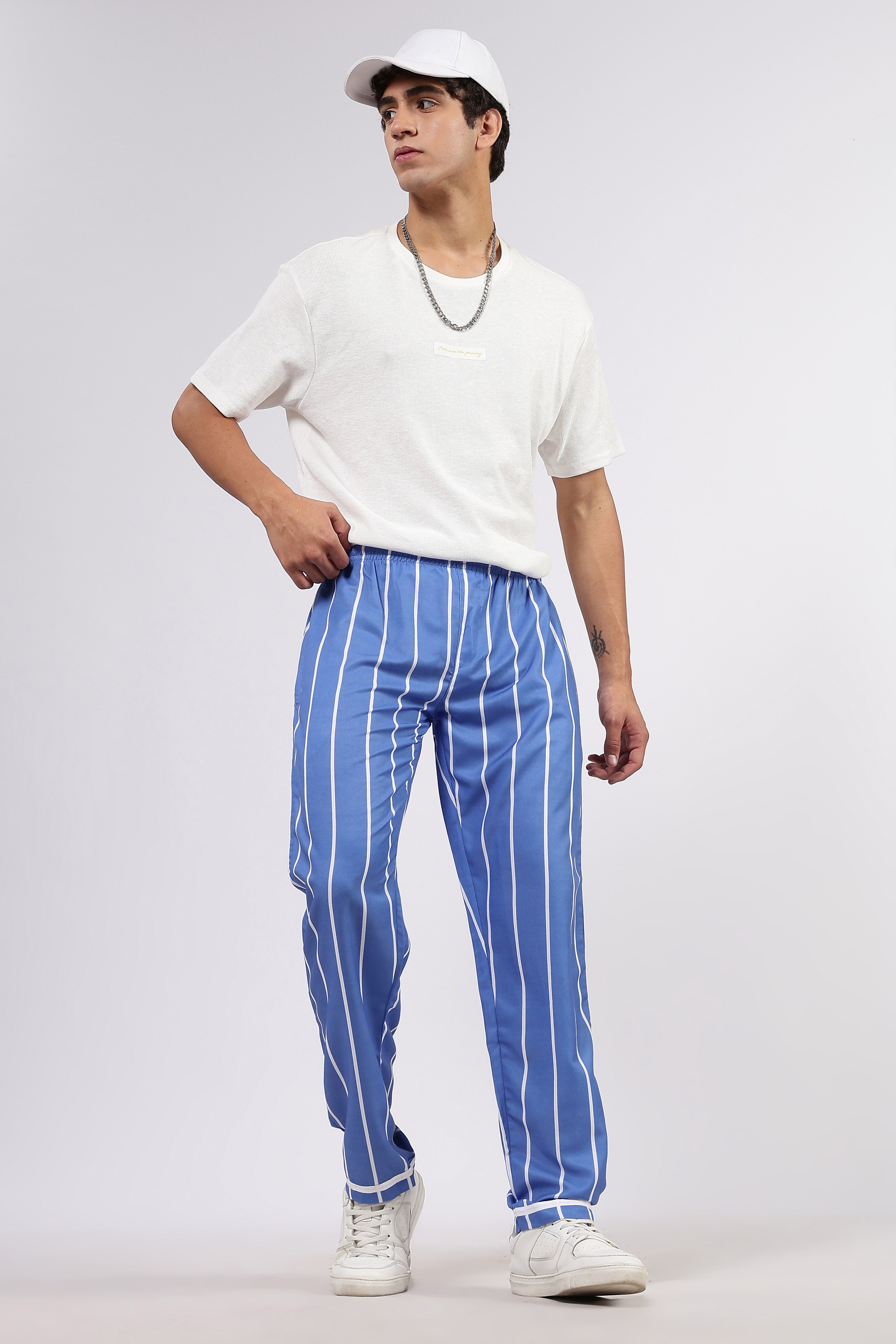 Unisex Blue Striped Varsity Striped Mid-Rise All Day Relaxed Fit Pants