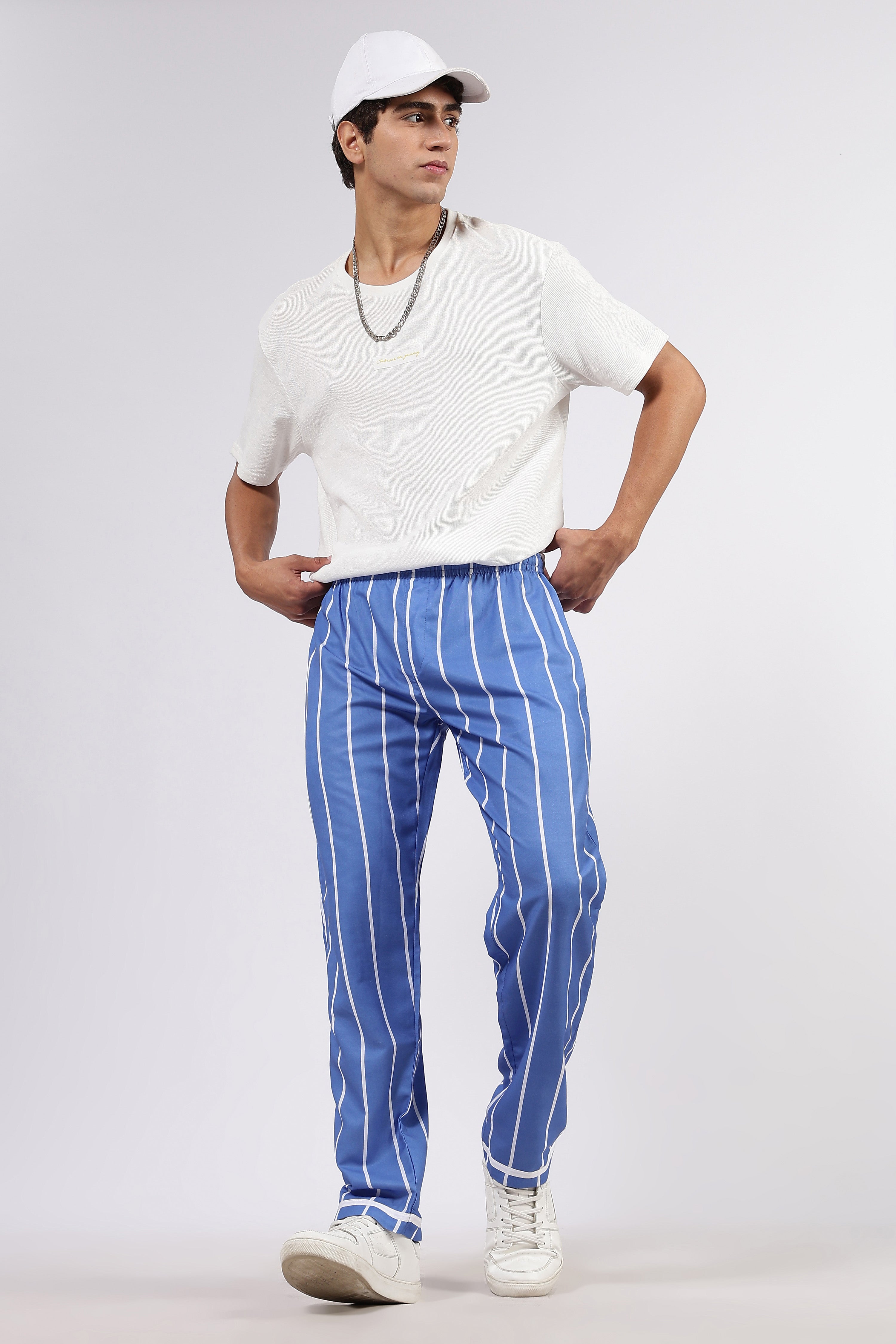 Unisex Blue Striped Varsity Striped Mid-Rise All Day Relaxed Fit Pants
