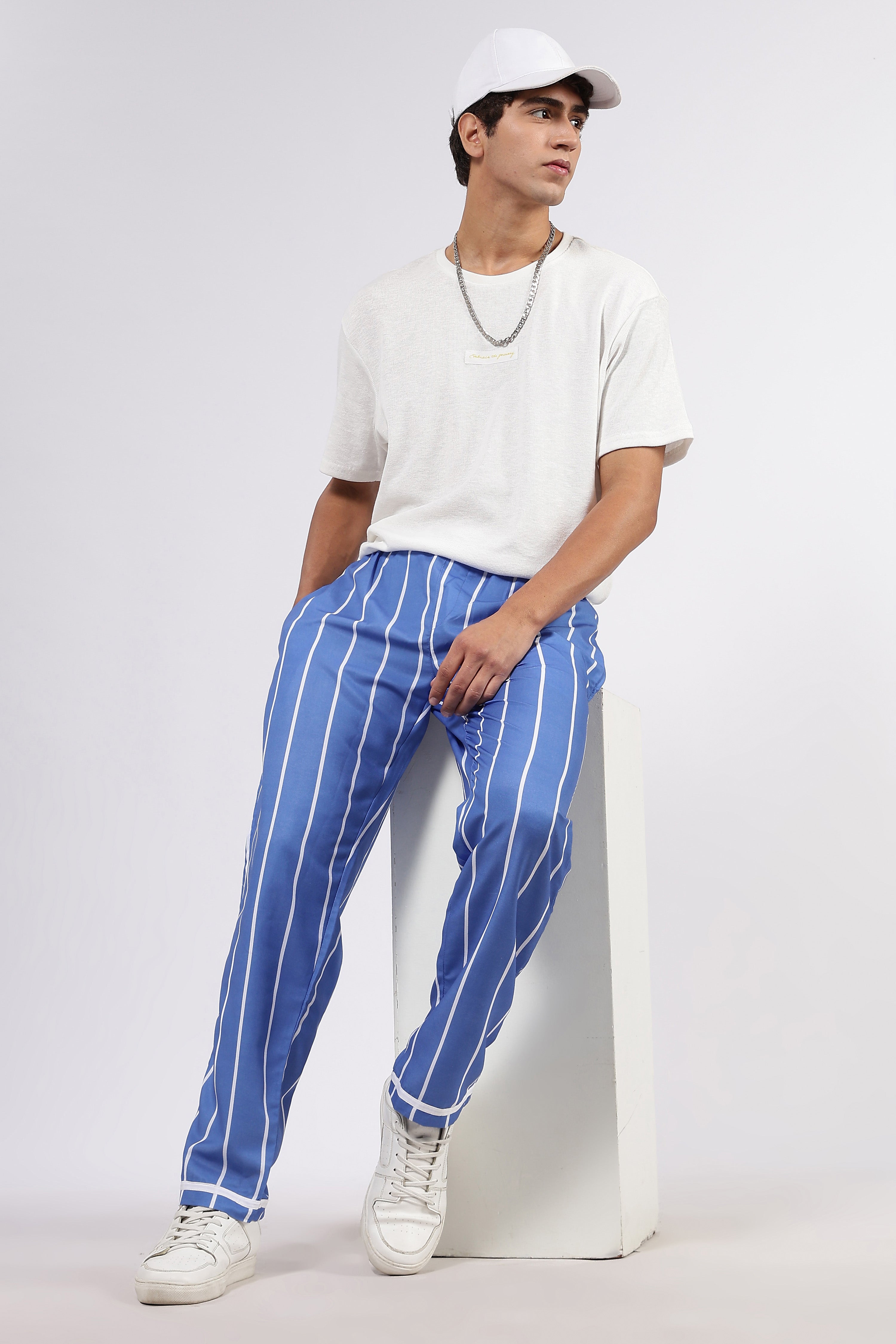 Unisex Blue Striped Varsity Striped Mid-Rise All Day Relaxed Fit Pants