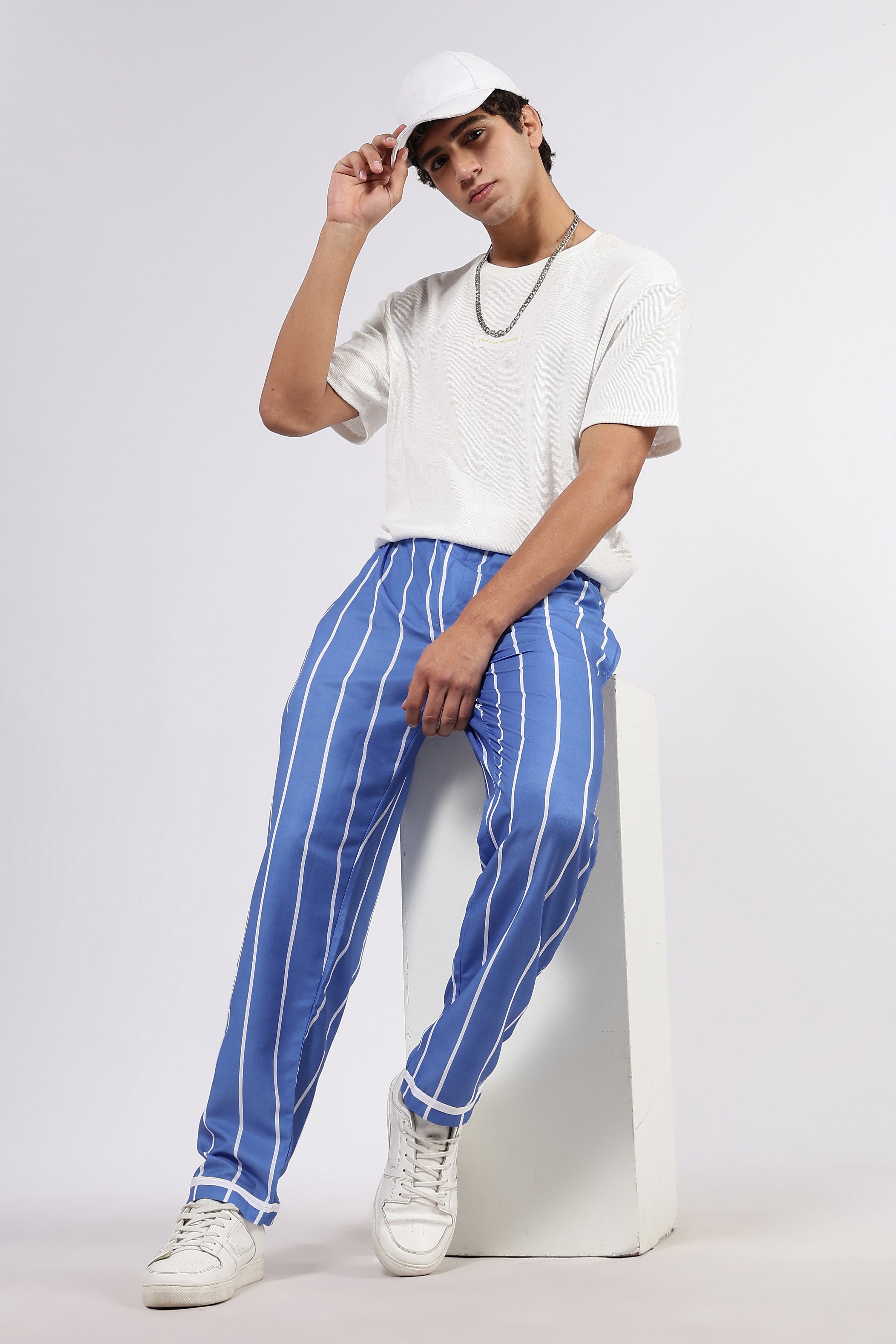 Unisex Blue Striped Varsity Striped Mid-Rise All Day Relaxed Fit Pants