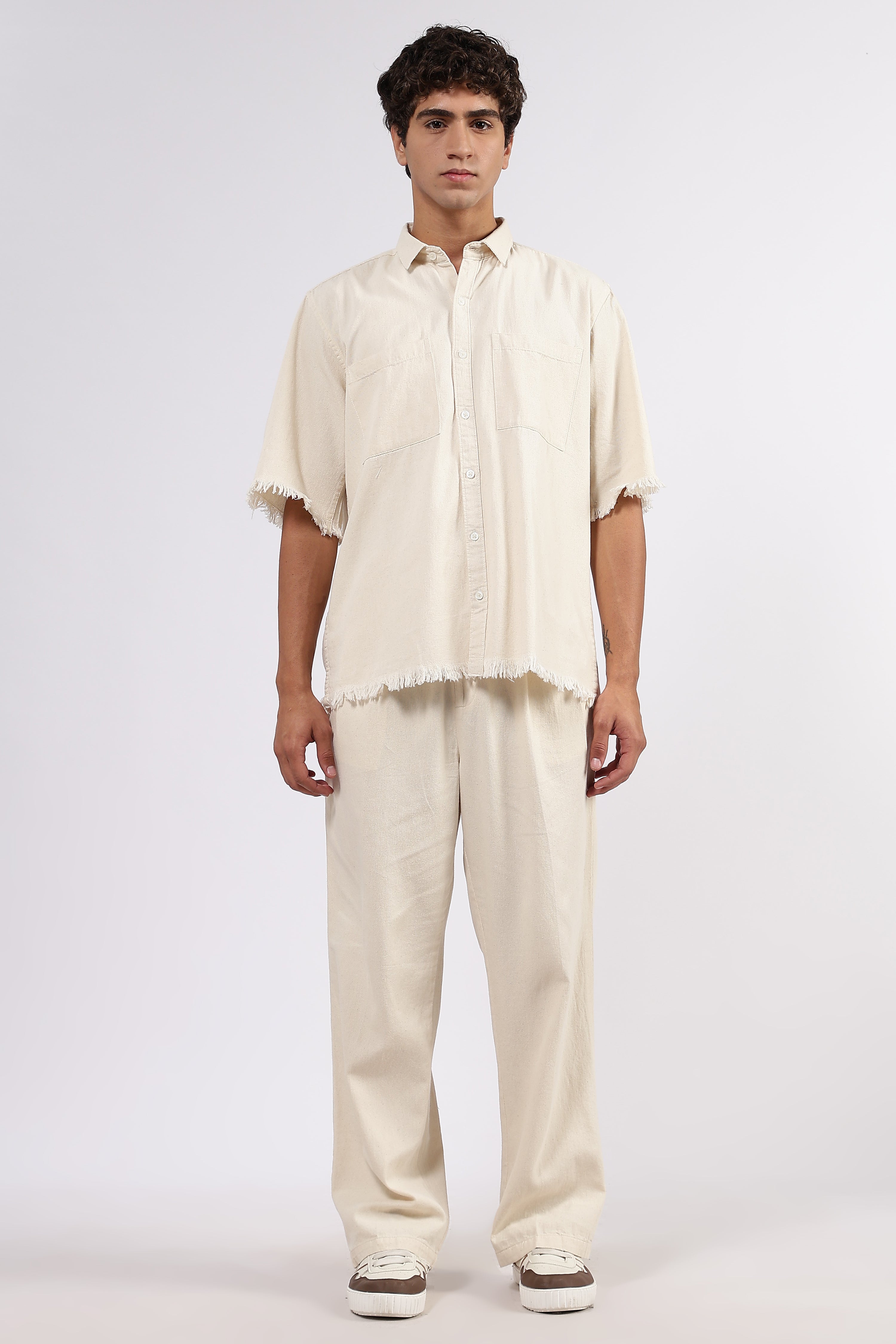 Co-Ord Set Off-White Premium Denim Gurkha Pant & Half Sleeve Shirt Relaxed Fit