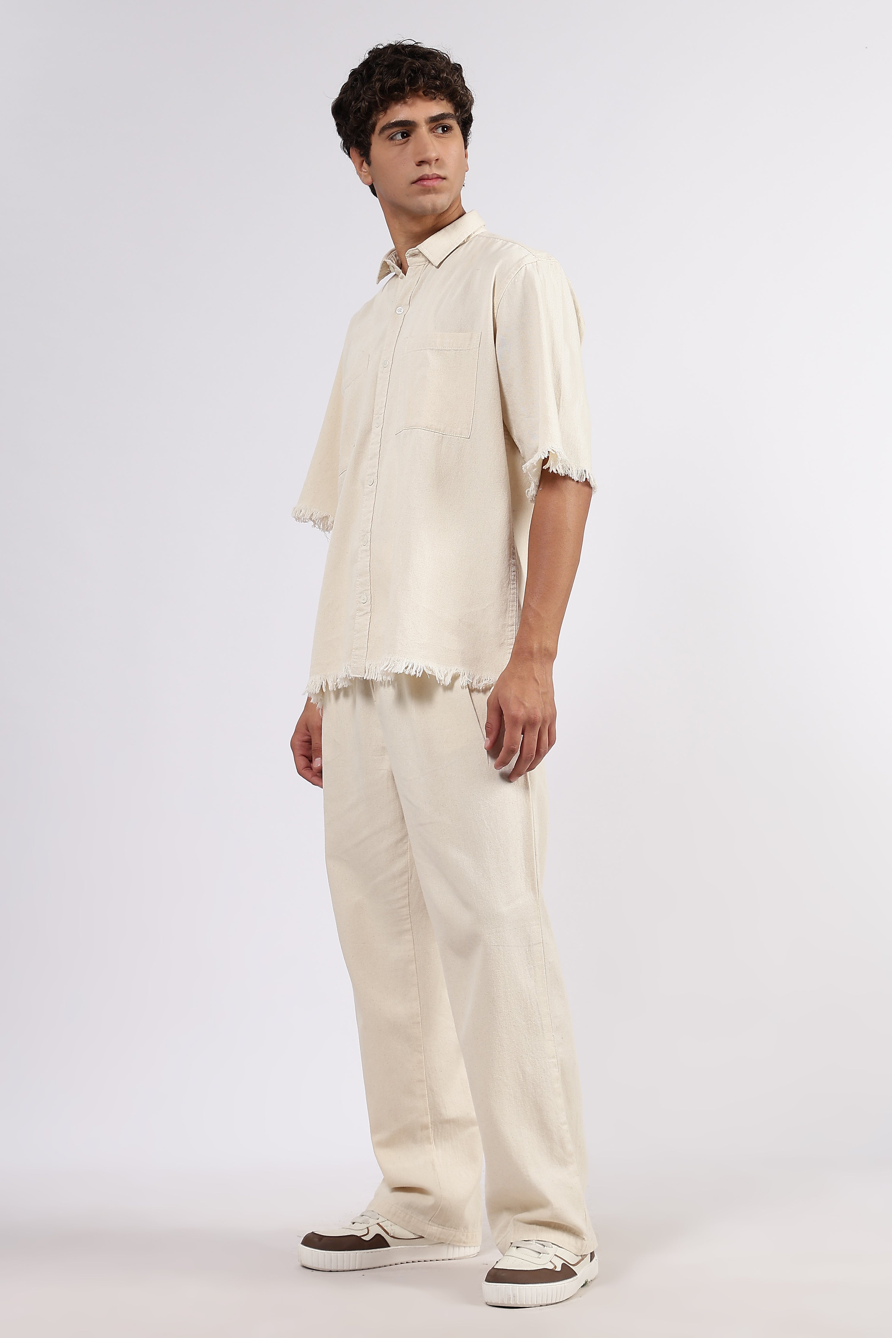 Co-Ord Set Off-White Premium Denim Gurkha Pant & Half Sleeve Shirt Relaxed Fit