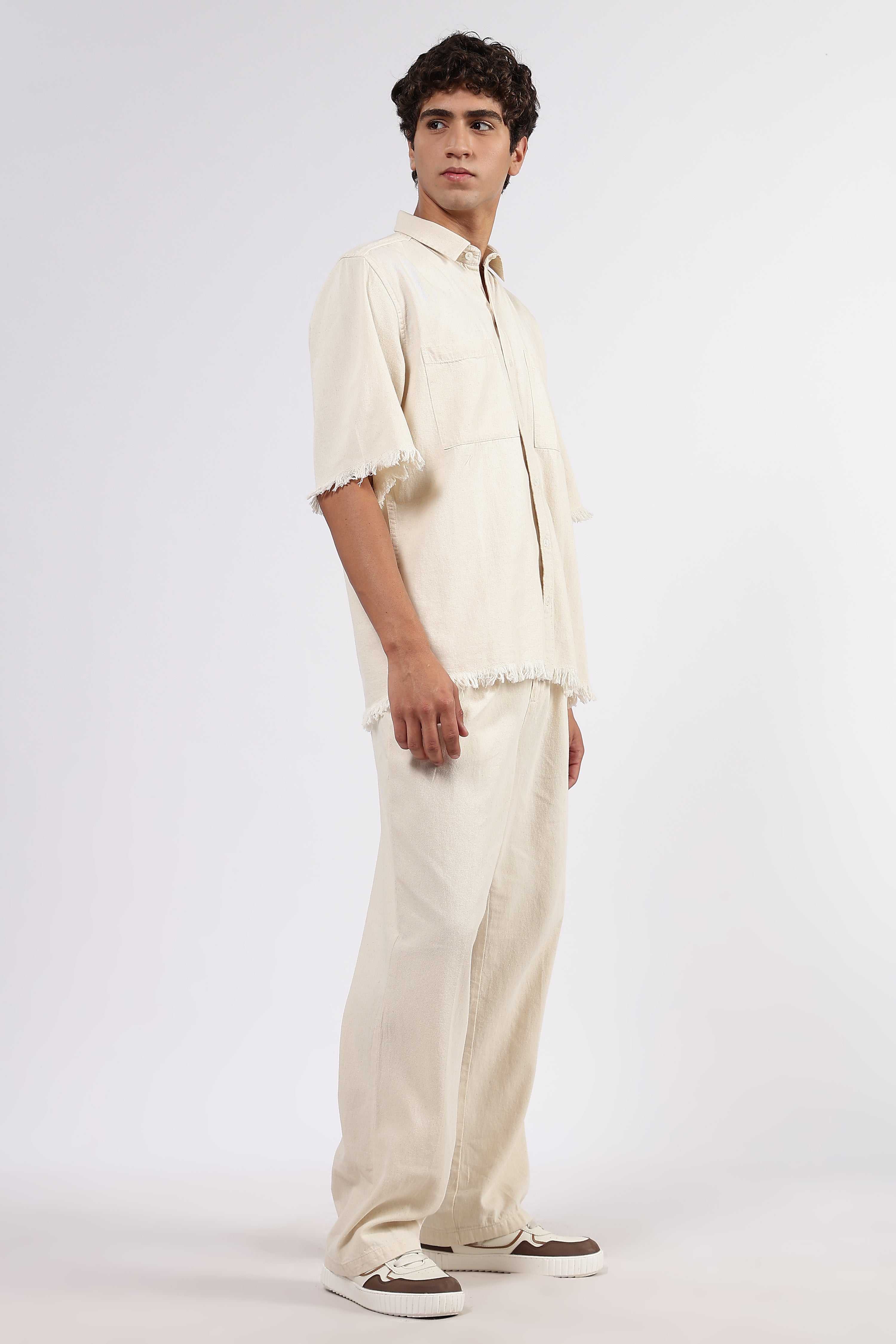 Co-Ord Set Off-White Premium Denim Gurkha Pant & Half Sleeve Shirt Relaxed Fit