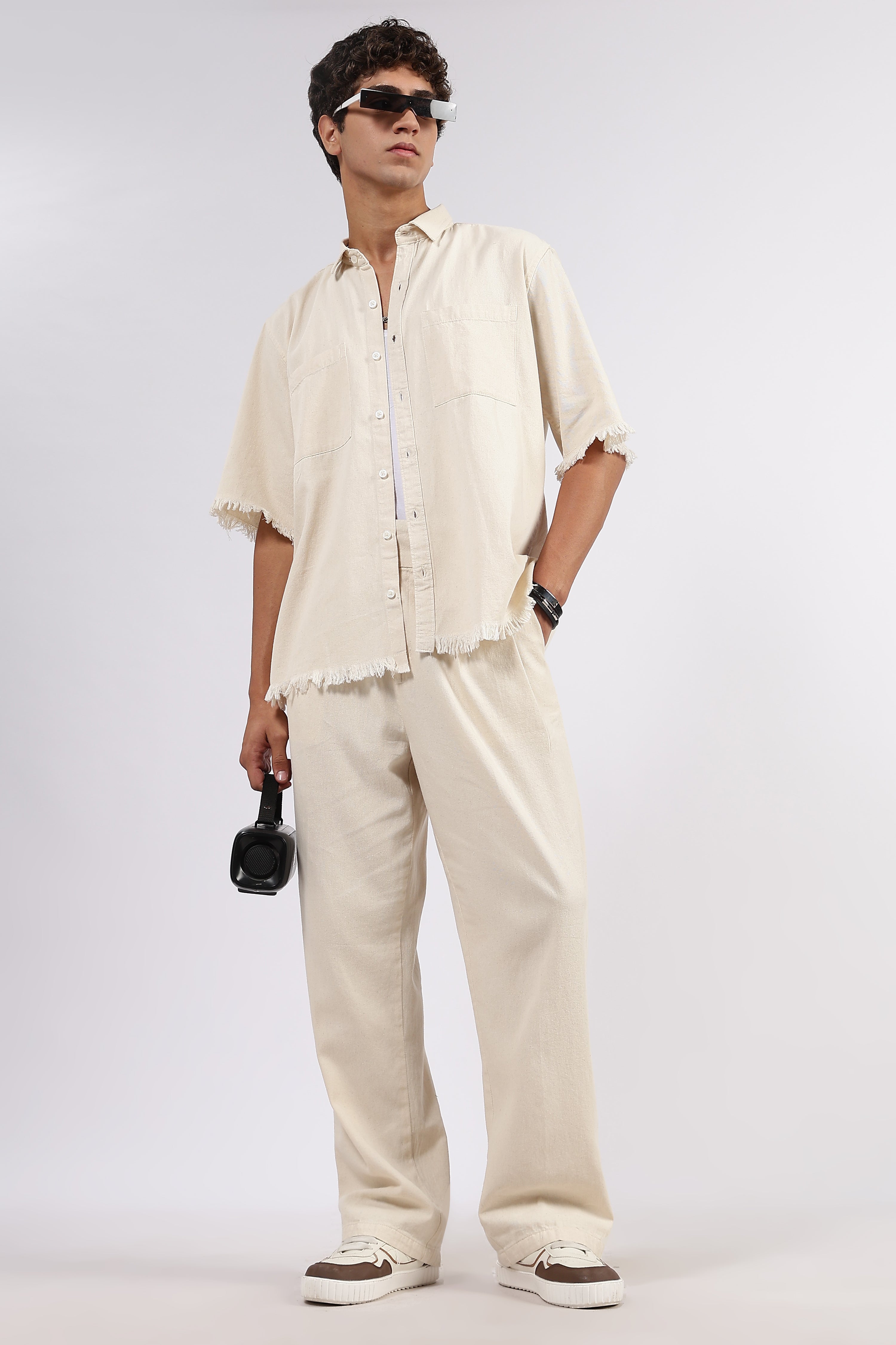 Co-Ord Set Off-White Premium Denim Gurkha Pant & Half Sleeve Shirt Relaxed Fit