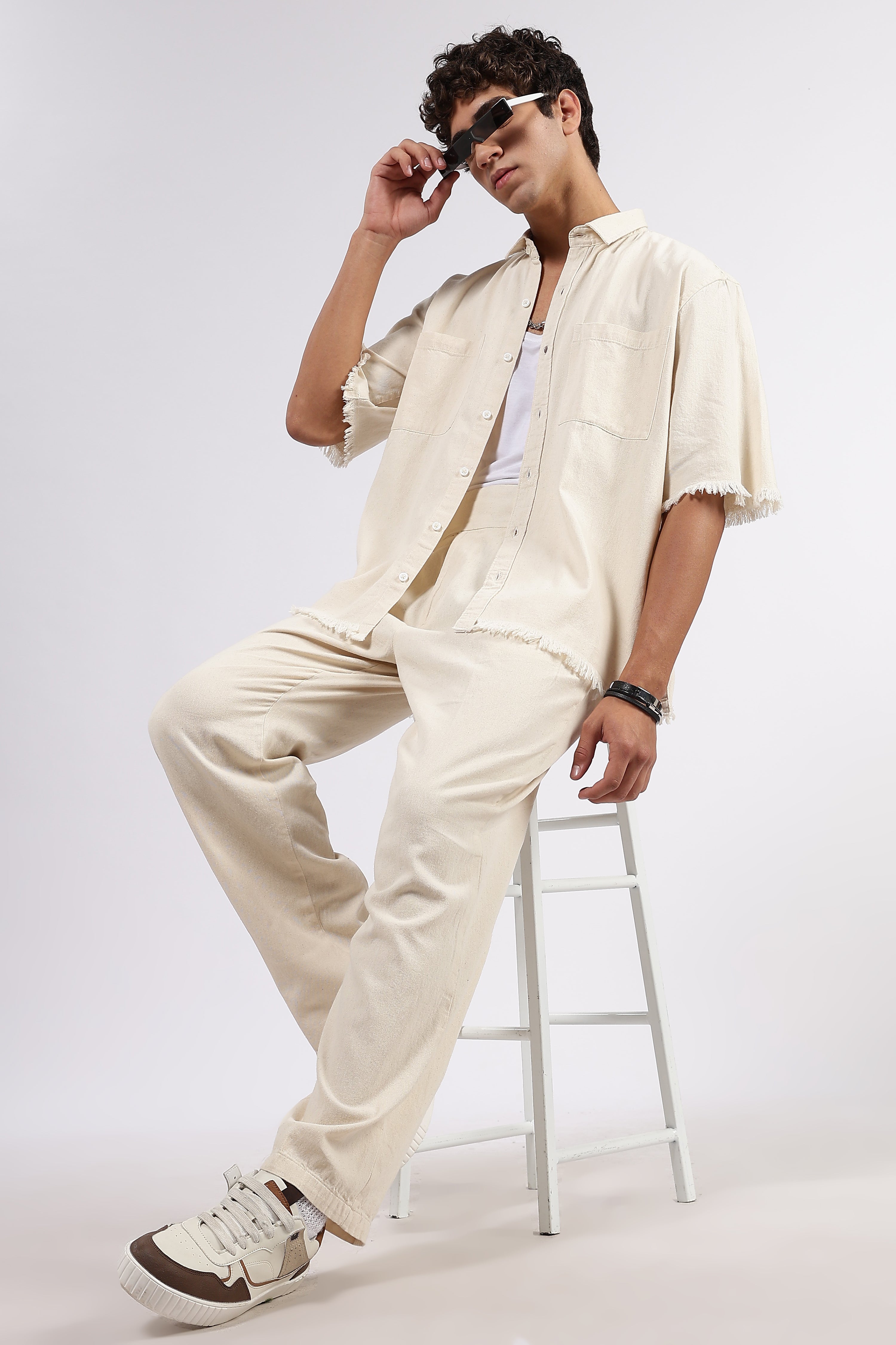 Co-Ord Set Off-White Premium Denim Gurkha Pant & Half Sleeve Shirt Relaxed Fit