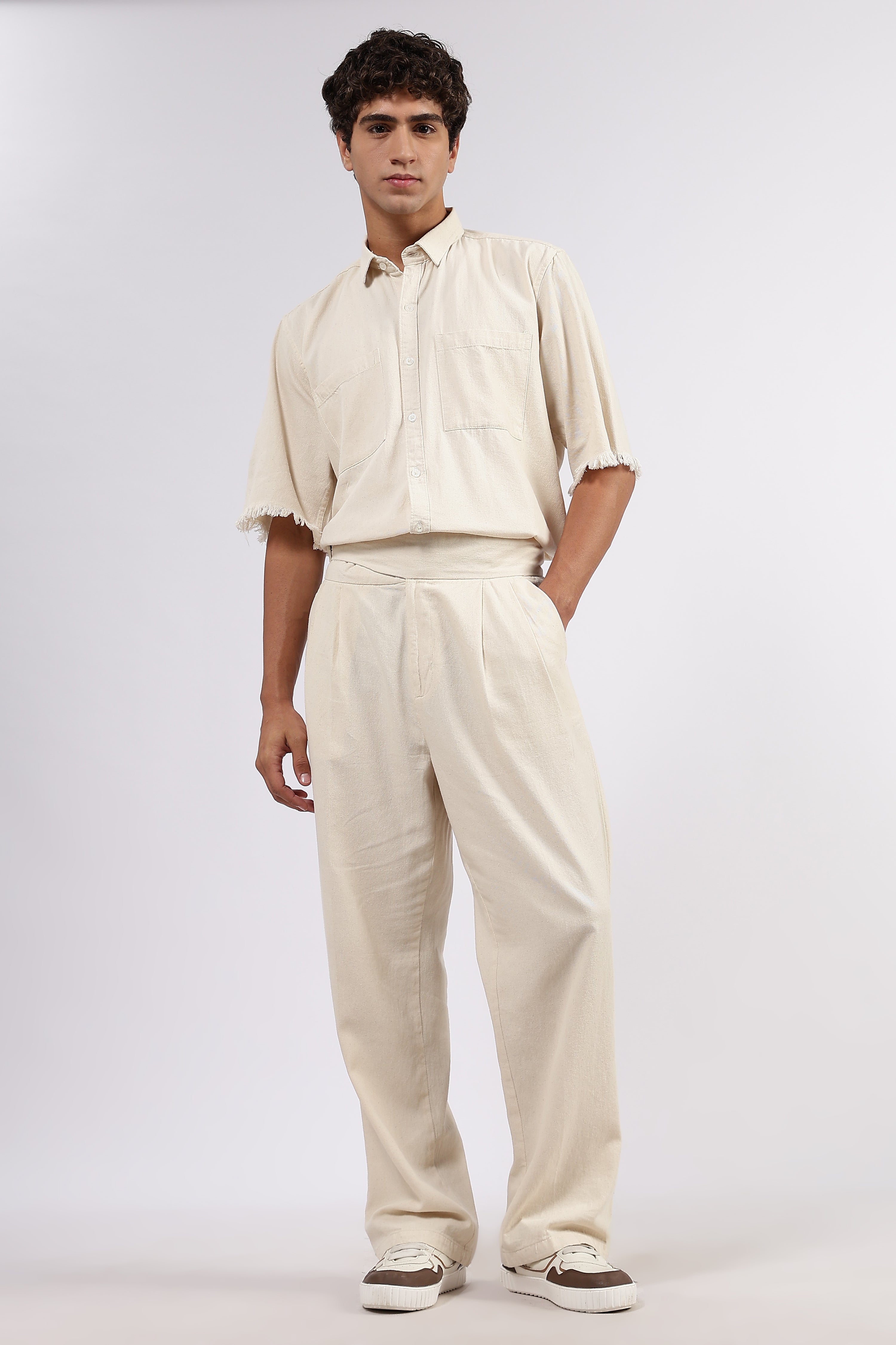 Co-Ord Set Off-White Premium Denim Gurkha Pant & Half Sleeve Shirt Relaxed Fit