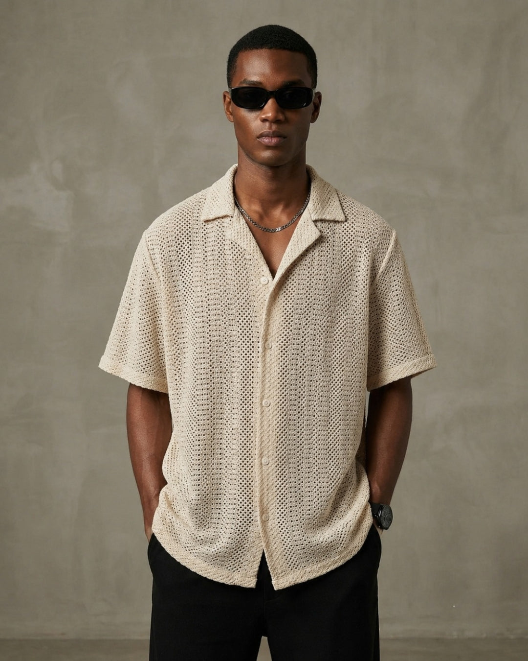 Off White Relaxed Fit Pure Cotton Crochet Resort Shirt