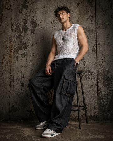 Denim Navy Super Baggy Oversized Fit Denim 6-Pocket Cargo