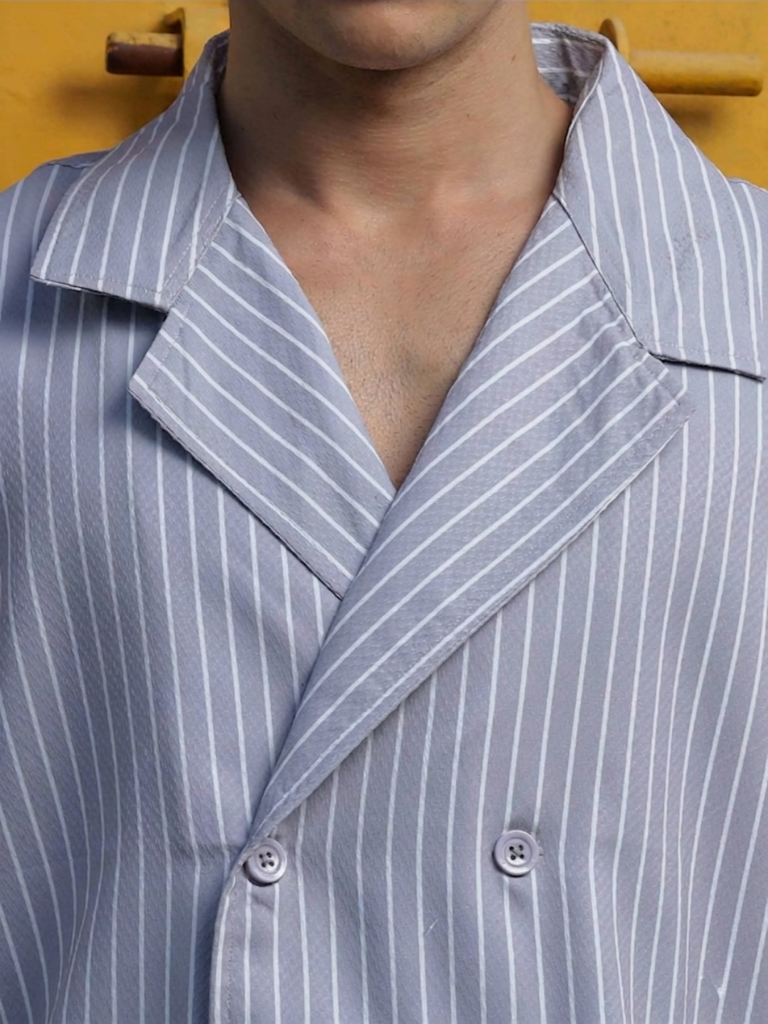 Grey PinStripe Textured Korean Notched Lapel Collar Resort Shirt
